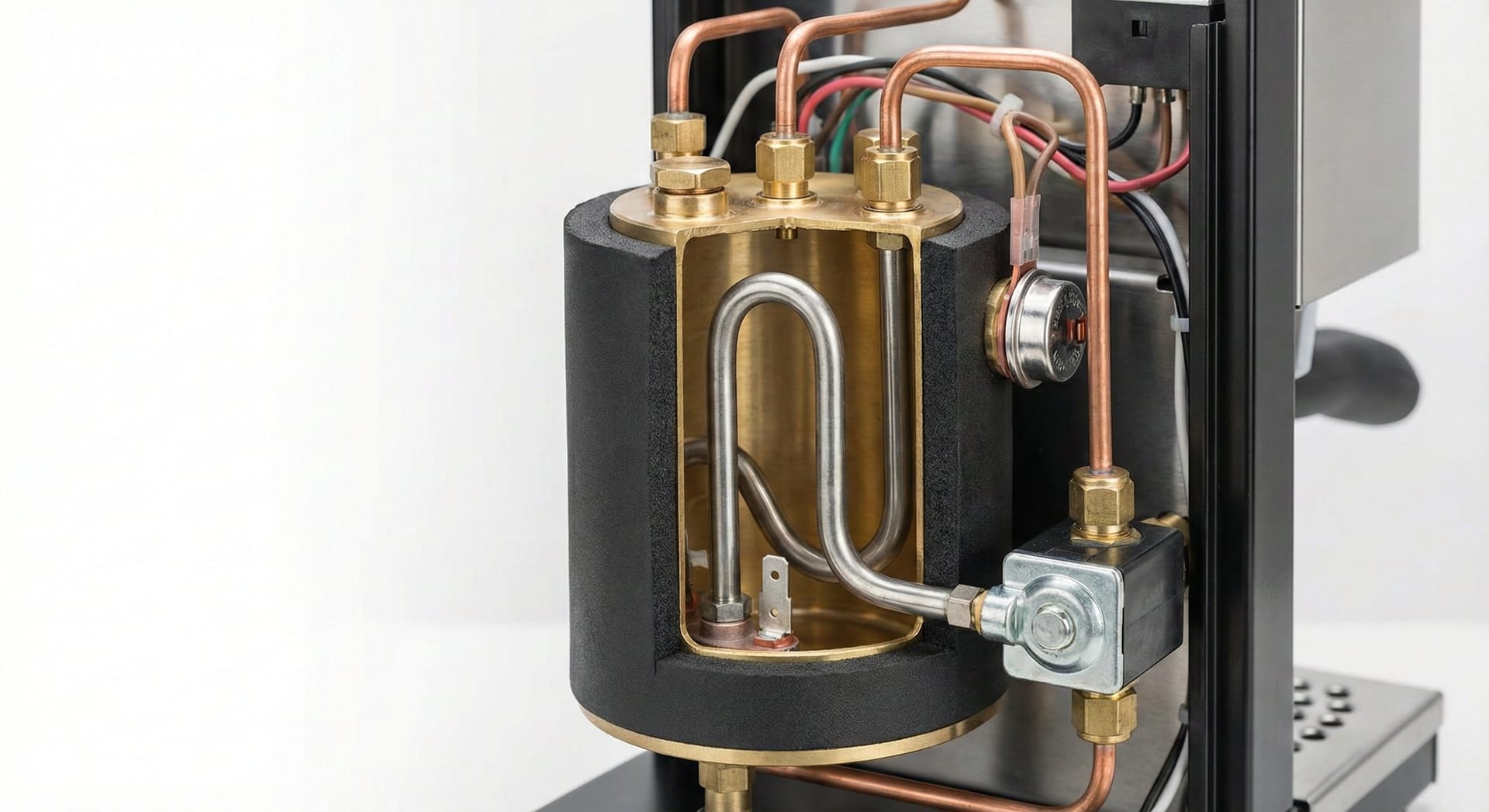 Rancilio Silvia 12-ounce brass boiler providing superior heat retention and 15-20 year lifespan