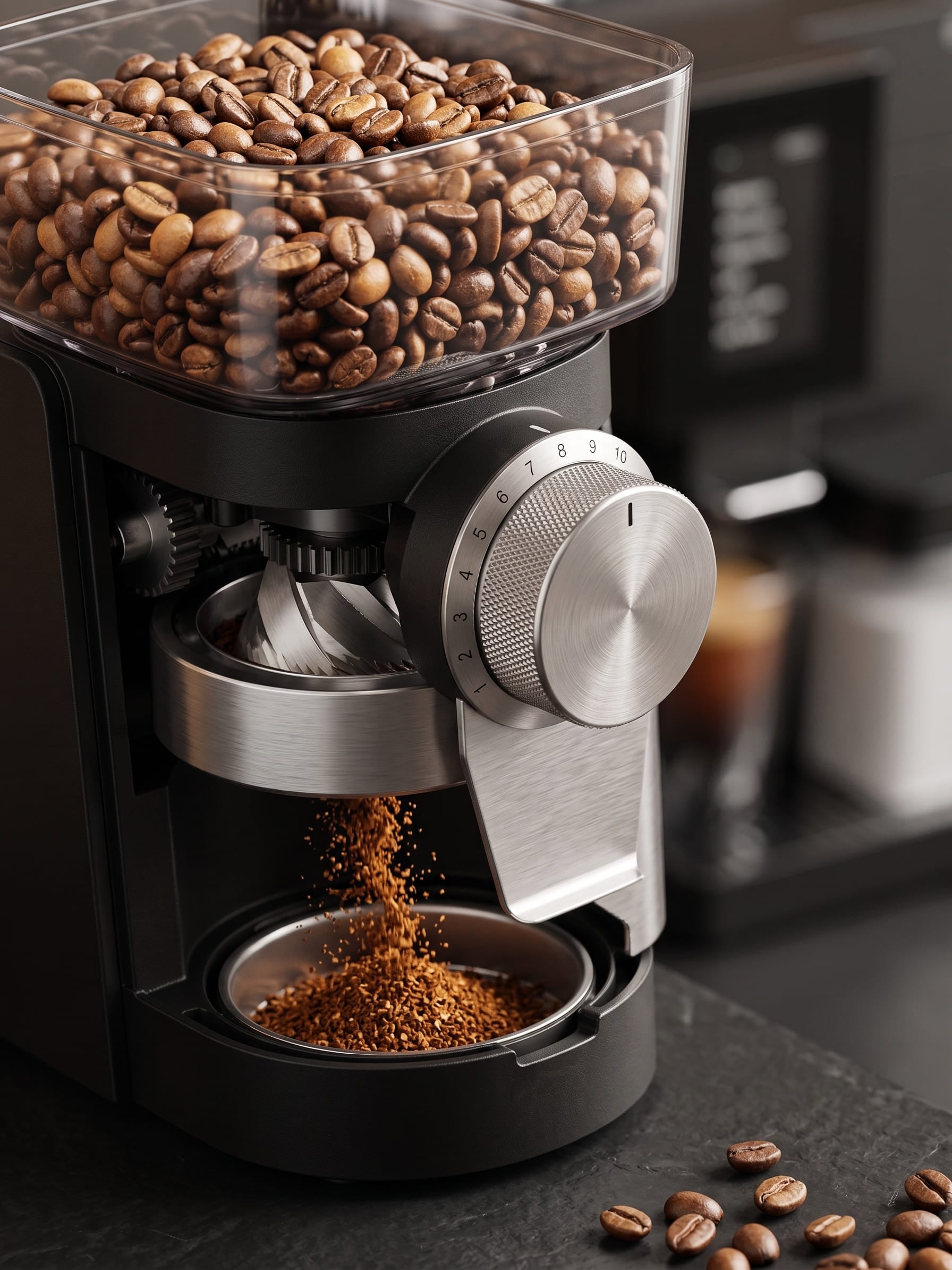 Terra Kaffe TK-02 stainless steel conical burr grinder close-up with freshly ground coffee and 10-step grind adjustment dial detail