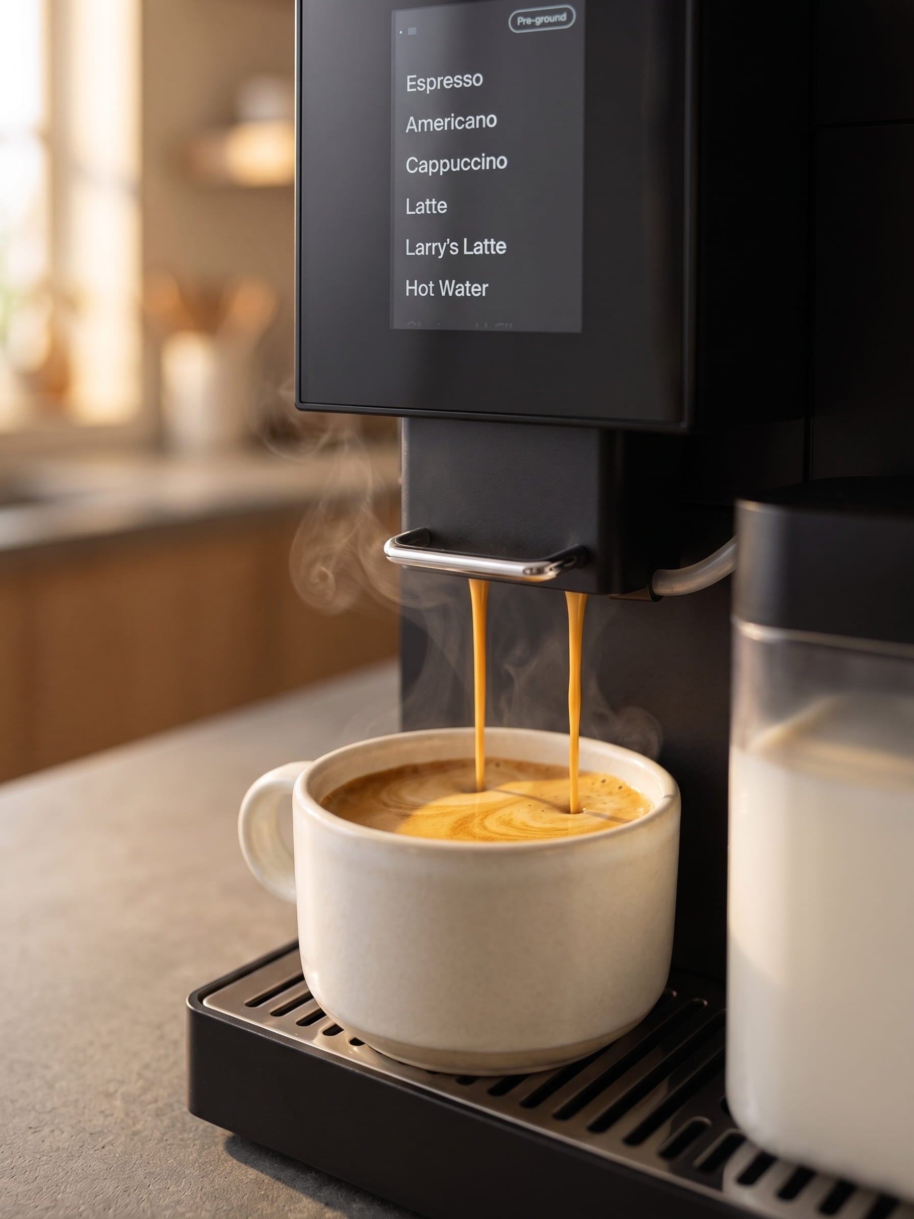 Terra Kaffe TK-02 pulling a double espresso with rich golden crema showing 9-bar extraction quality and 28-second extraction time