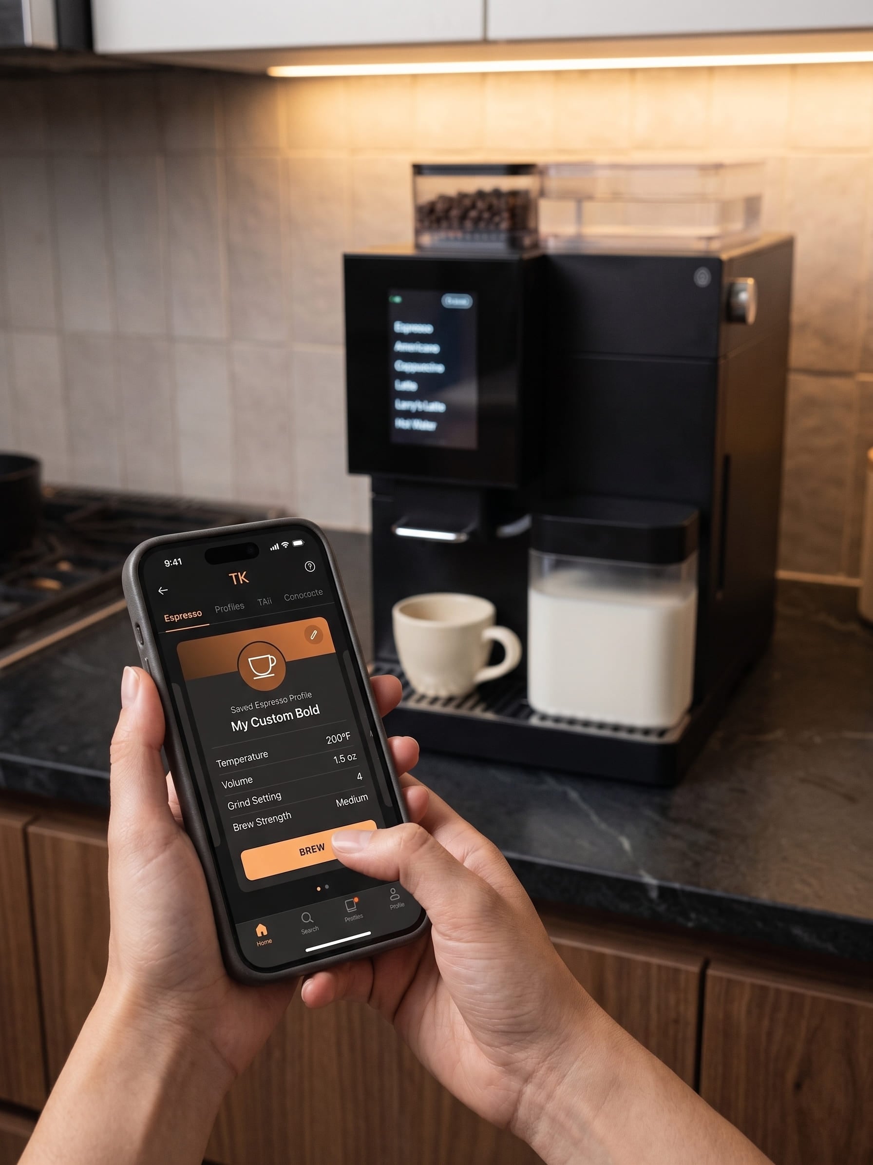 Terra Kaffe TK-02 Bluetooth app connectivity showing smartphone with saved drink profiles including temperature, volume and brew strength settings