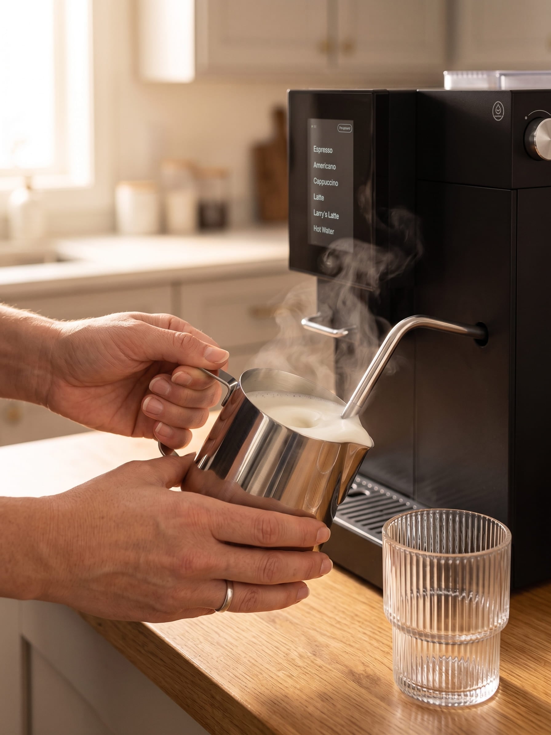 Terra Kaffe TK-02 manual steam wand producing microfoam for a flat white in a stainless steel milk pitcher showing frothing technique
