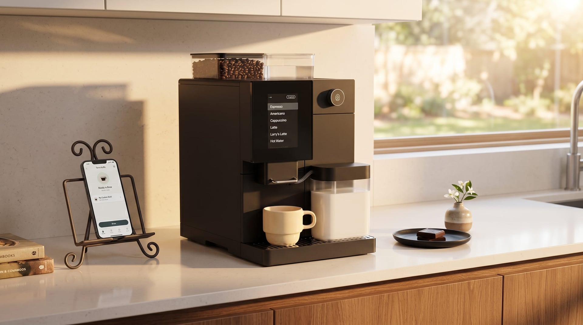 Terra Kaffe TK-02 complete morning coffee workflow from app launch to finished espresso showing one-touch convenience with bean hopper and water tank