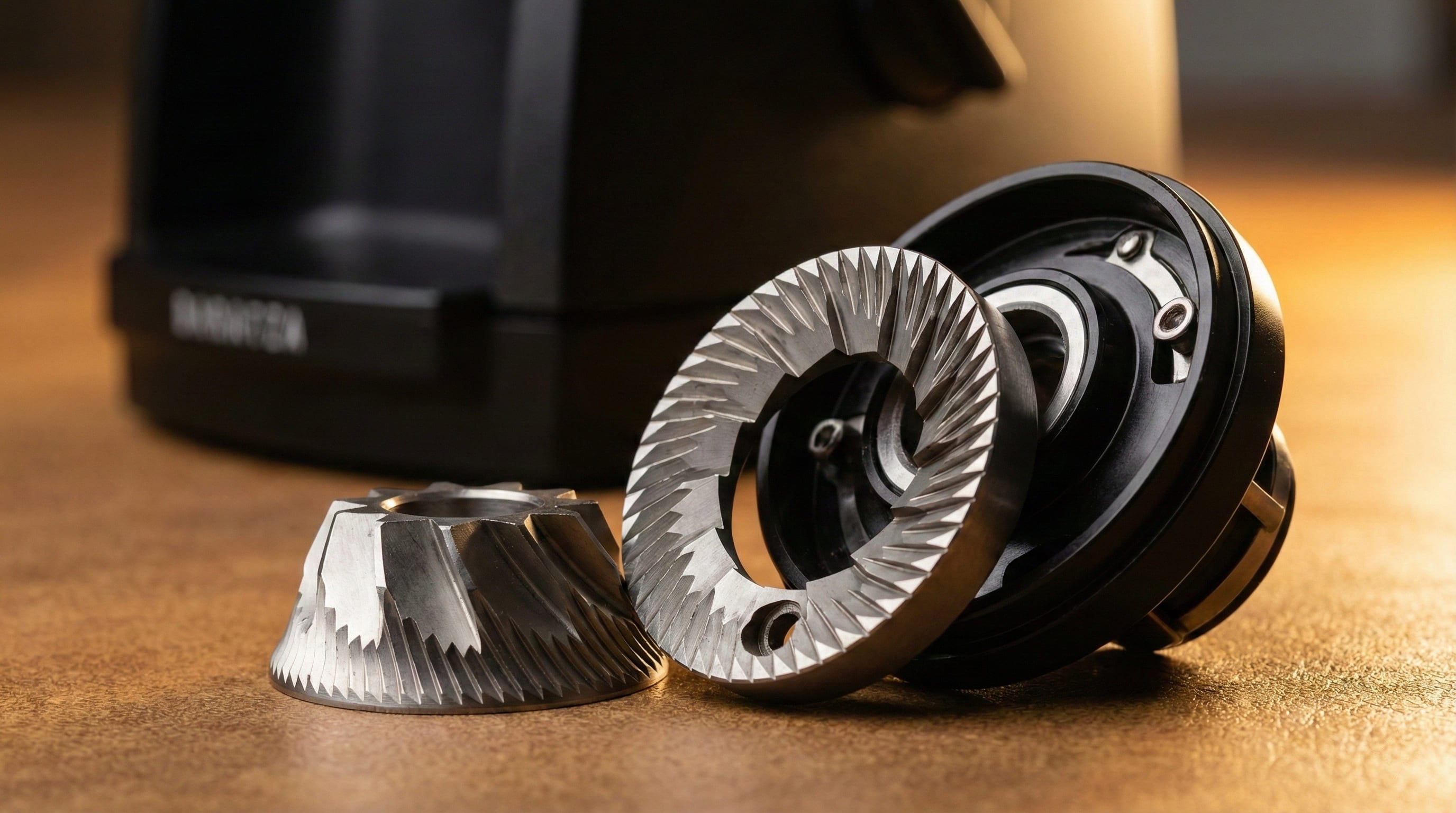 Close-up of Baratza Encore ESP 40mm conical burr set with M2 burr upgrade option for improved espresso grind consistency