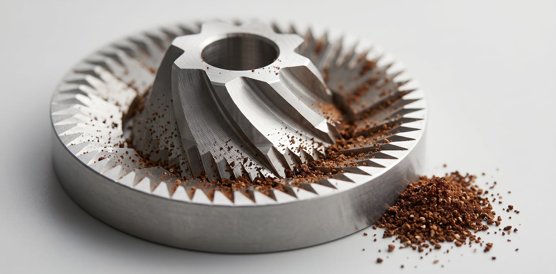 Breville Smart Grinder Pro 38mm conical stainless steel burr set close-up showing precision grinding surfaces optimized for espresso and filter coffee particle distribution