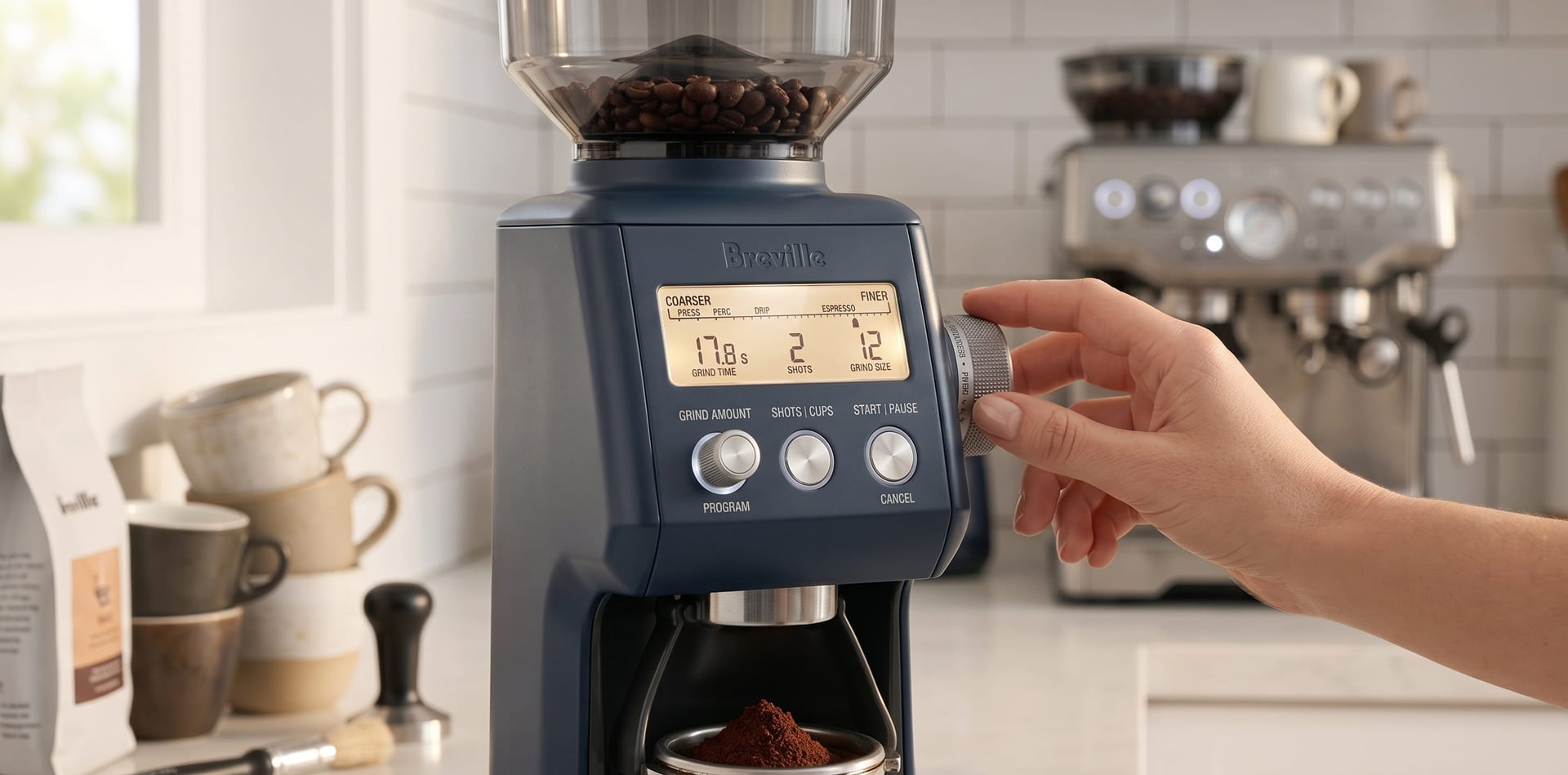 Breville Smart Grinder Pro Dosing IQ LCD display showing grind settings and timed dosing controls for repeatable espresso and filter coffee grinding
