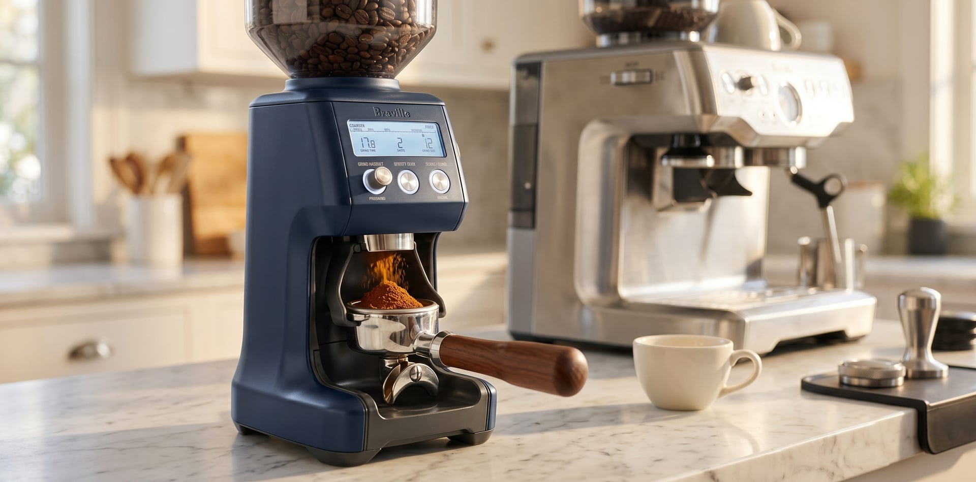 Breville Smart Grinder Pro grinding directly into portafilter cradle for home espresso workflow with precise conical burr dosing grinder