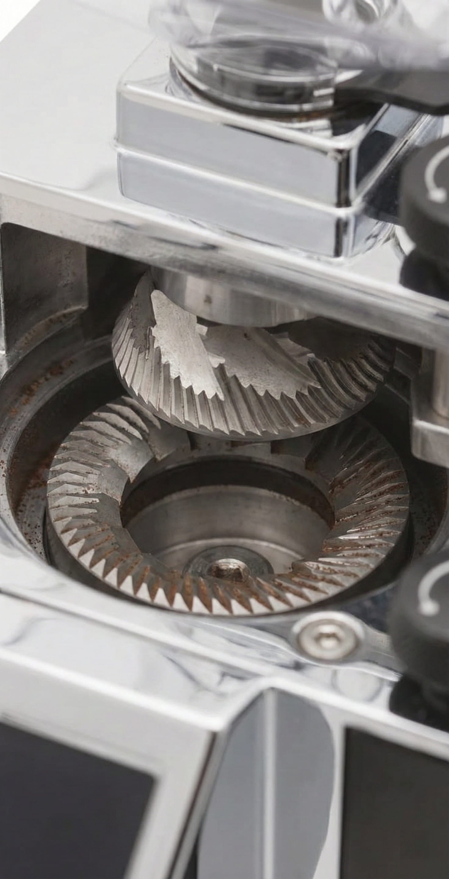 Stepless micrometric adjustment collar on Eureka Specialita flat burr grinder during precise espresso grind dialing - infinite adjustment positions for Italian espresso perfection