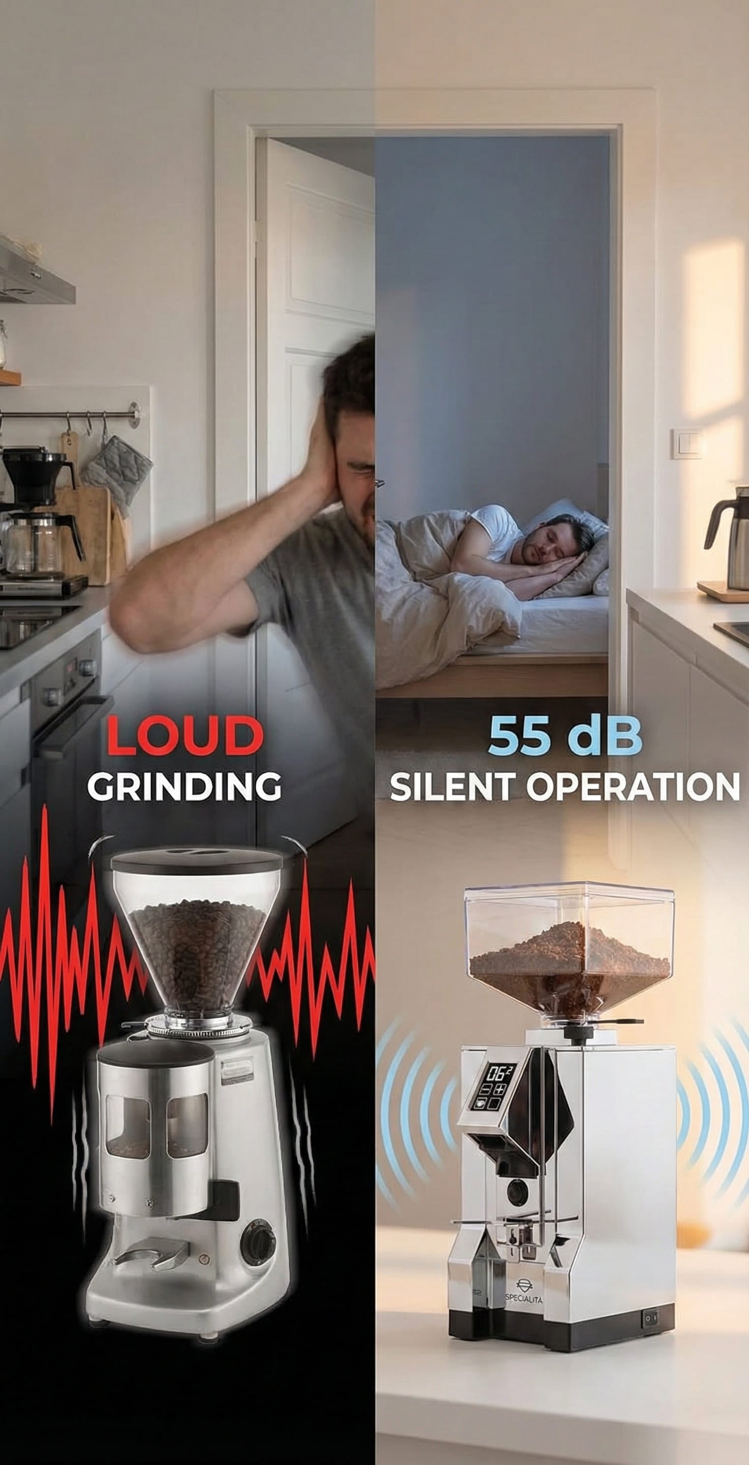 Programmable timed dosing display on Eureka Mignon Specialita grinder with hands-free portafilter workflow tested over 500+ espresso shots