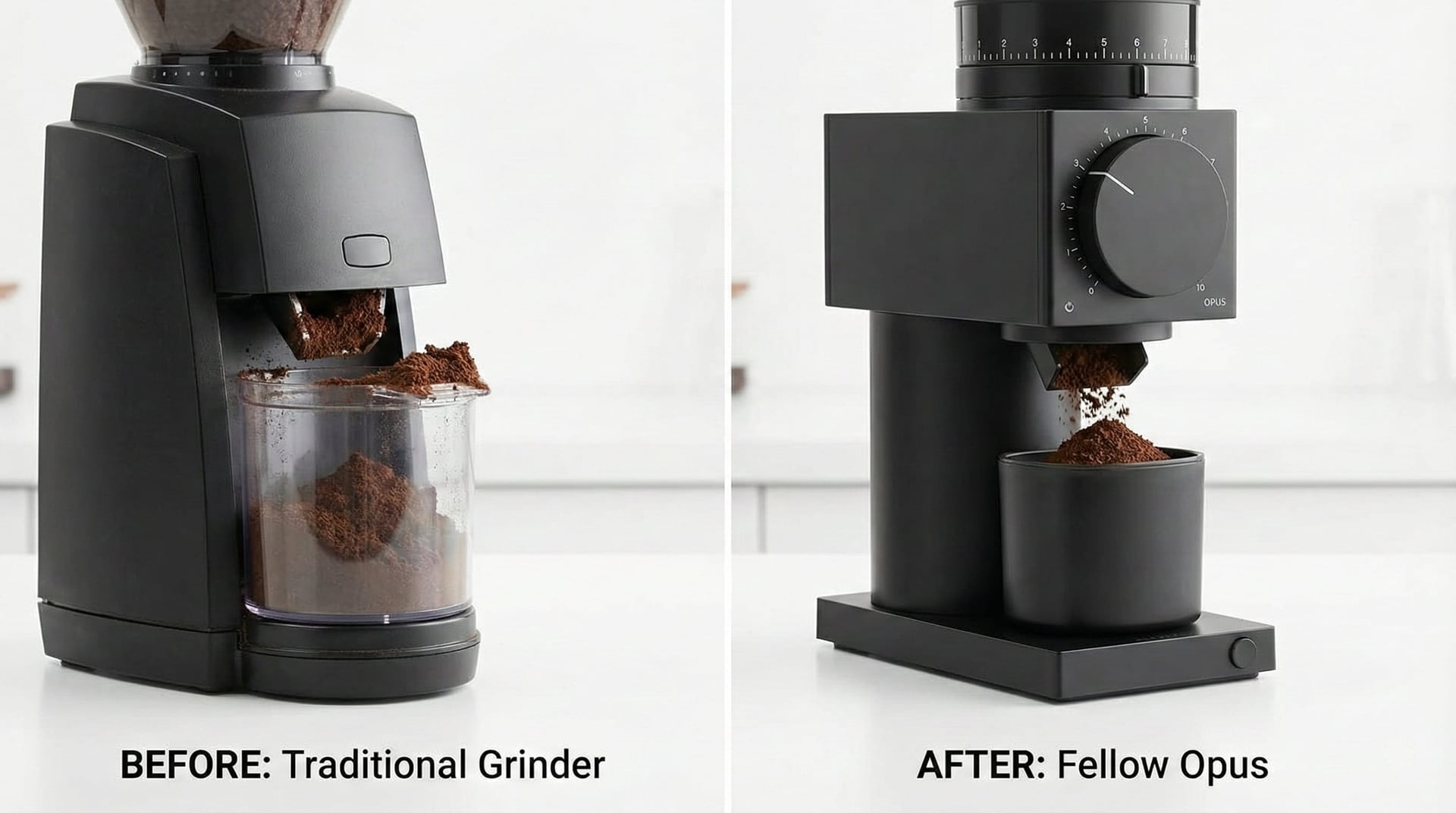 Fellow Opus grinder anti-static ionizer technology demonstration showing reduced coffee grounds retention and minimal mess on 41mm conical burrs all-purpose grinder