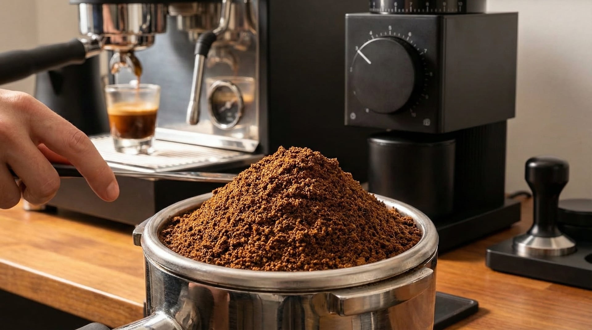 Fellow Opus espresso grind consistency test showing fine grind particles from versatile conical burr grinder in 58mm portafilter basket for budget espresso machine