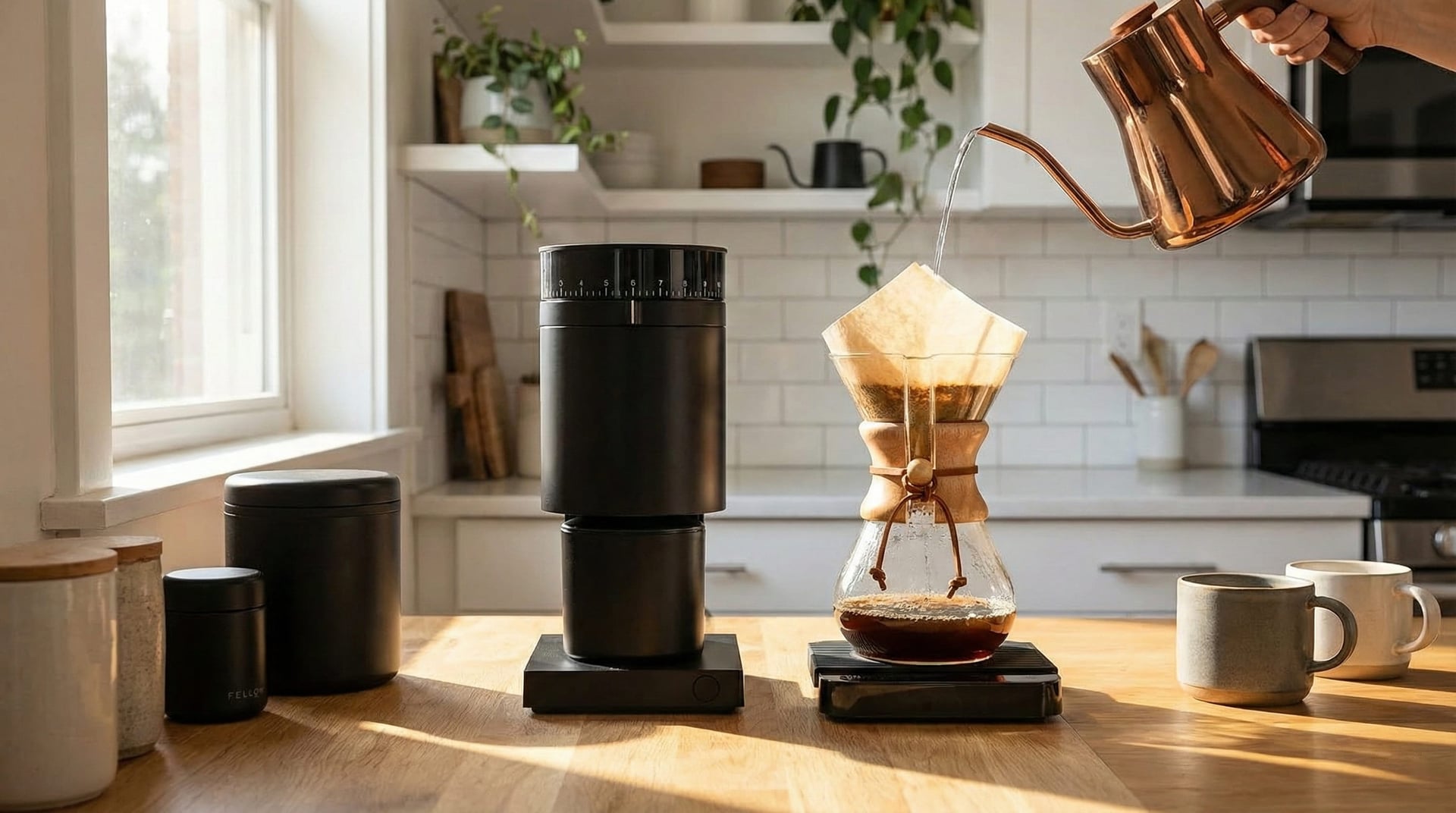 Fellow Opus pour-over grind setting medium-coarse uniform grind particles for V60 Chemex brewing from all-purpose conical burr grinder versatile coffee equipment