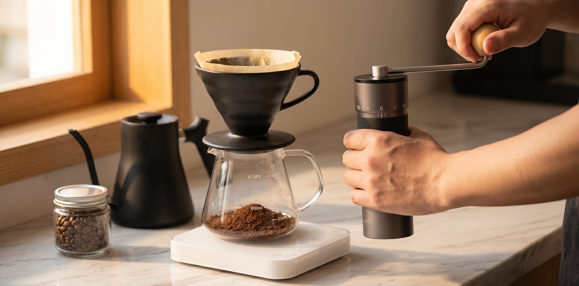KINGrinder K7 manual grinder in use pour-over V60 brewing setup specialty coffee home barista kingrinder k7 filter coffee high-capacity hand grinder
