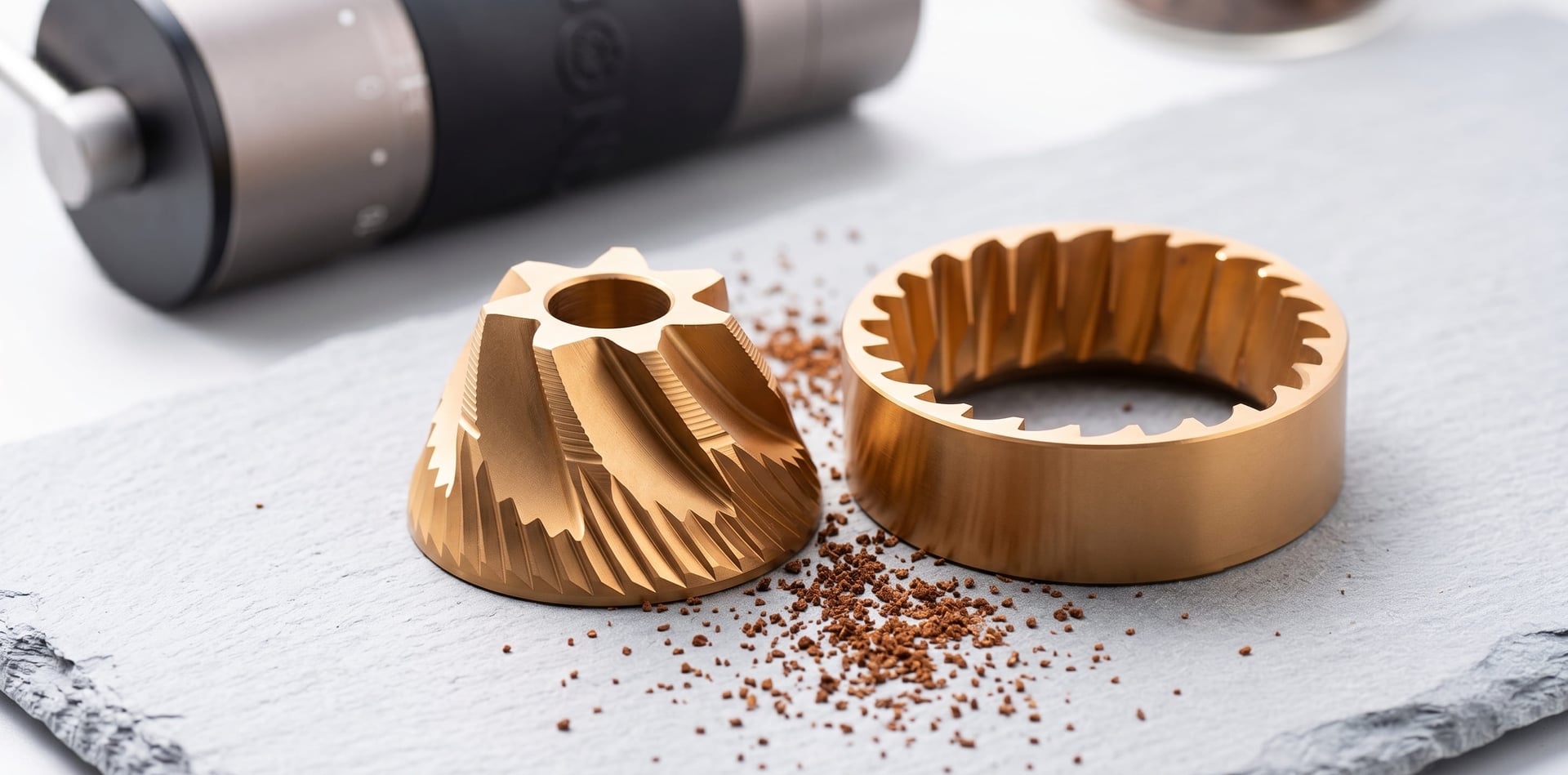 KINGrinder K7 48mm titanium-coated conical burr set macro shot precision milling kingrinder k7 burrs golden titanium coating coffee particle distribution