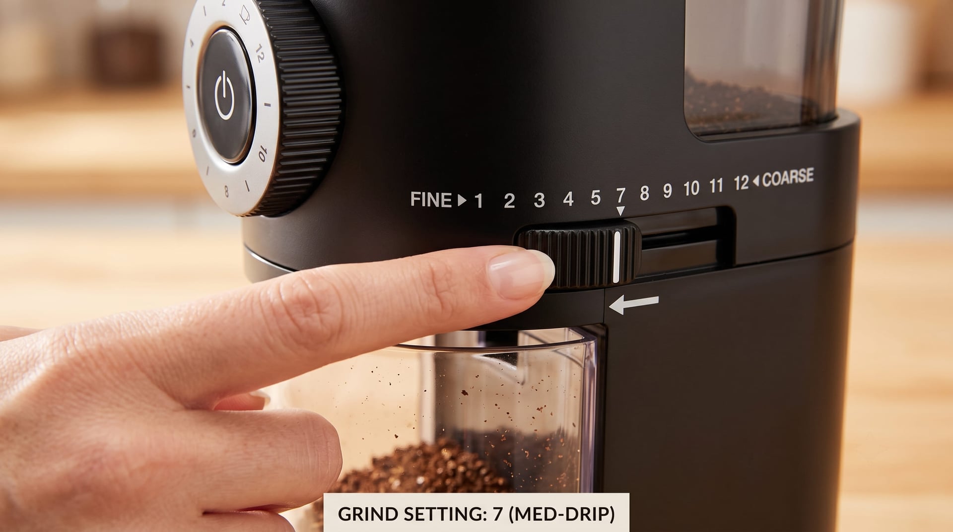KRUPS Precision Burr Grinder dial showing 12 grind settings from fine to coarse