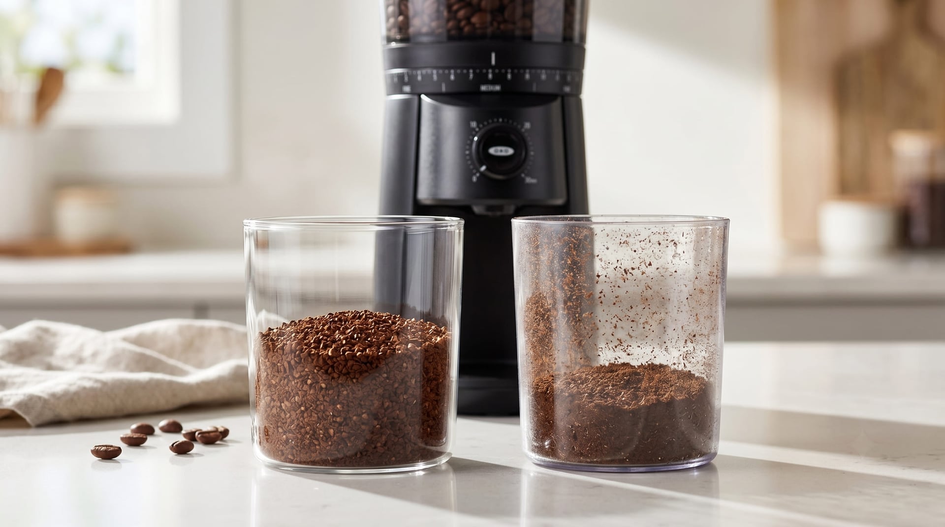 OXO Brew borosilicate glass grounds container with freshly ground coffee — no static cling on the glass walls