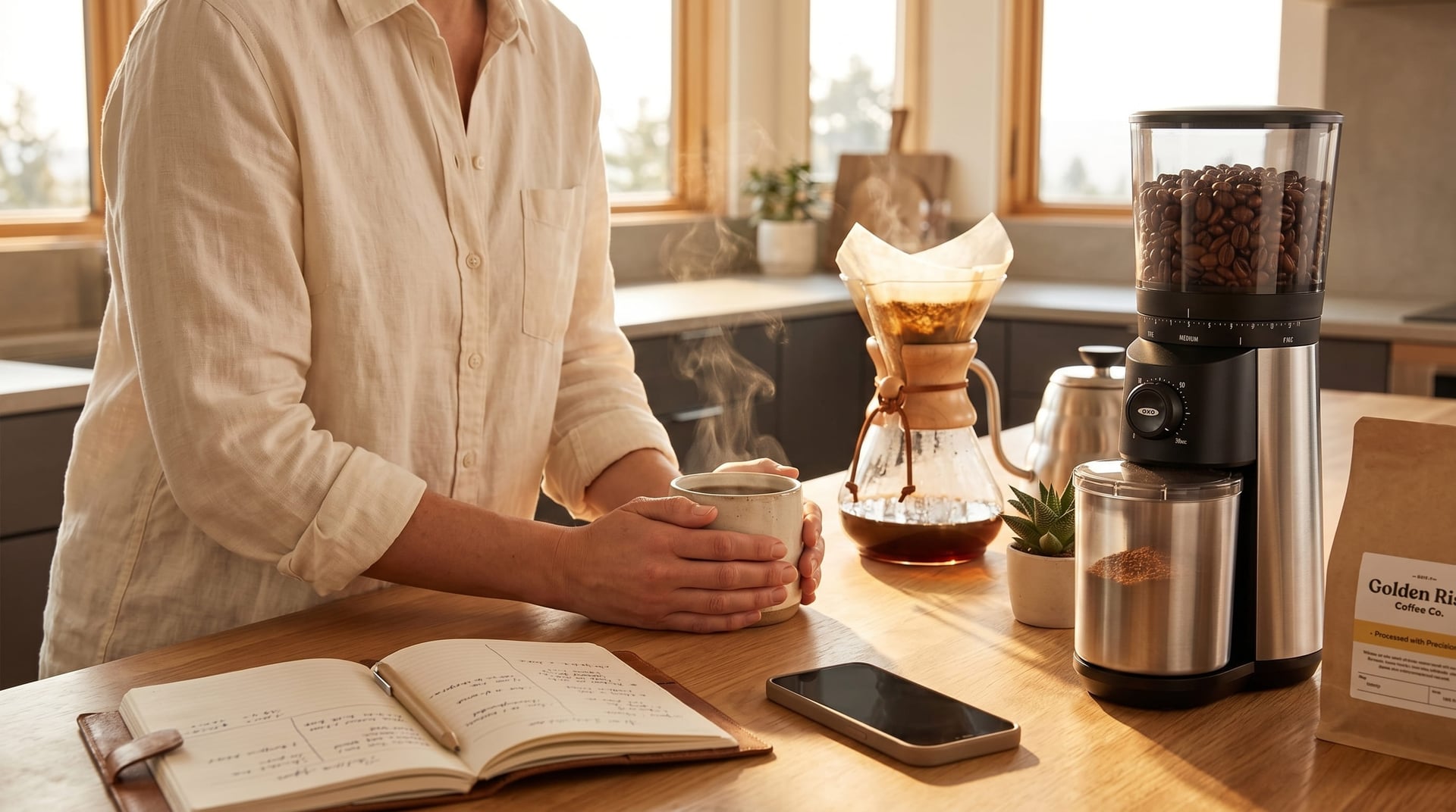 OXO Brew Conical Burr Grinder in a warm morning kitchen beside a pour-over setup — freshly brewed coffee in hand