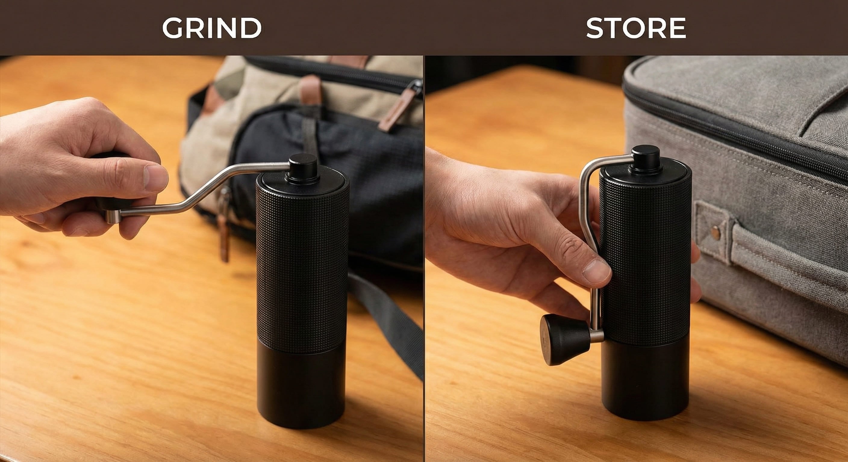 Timemore Chestnut C3 foldable handle compact travel grinder extended and folded positions portable manual coffee grinder for camping backpacking