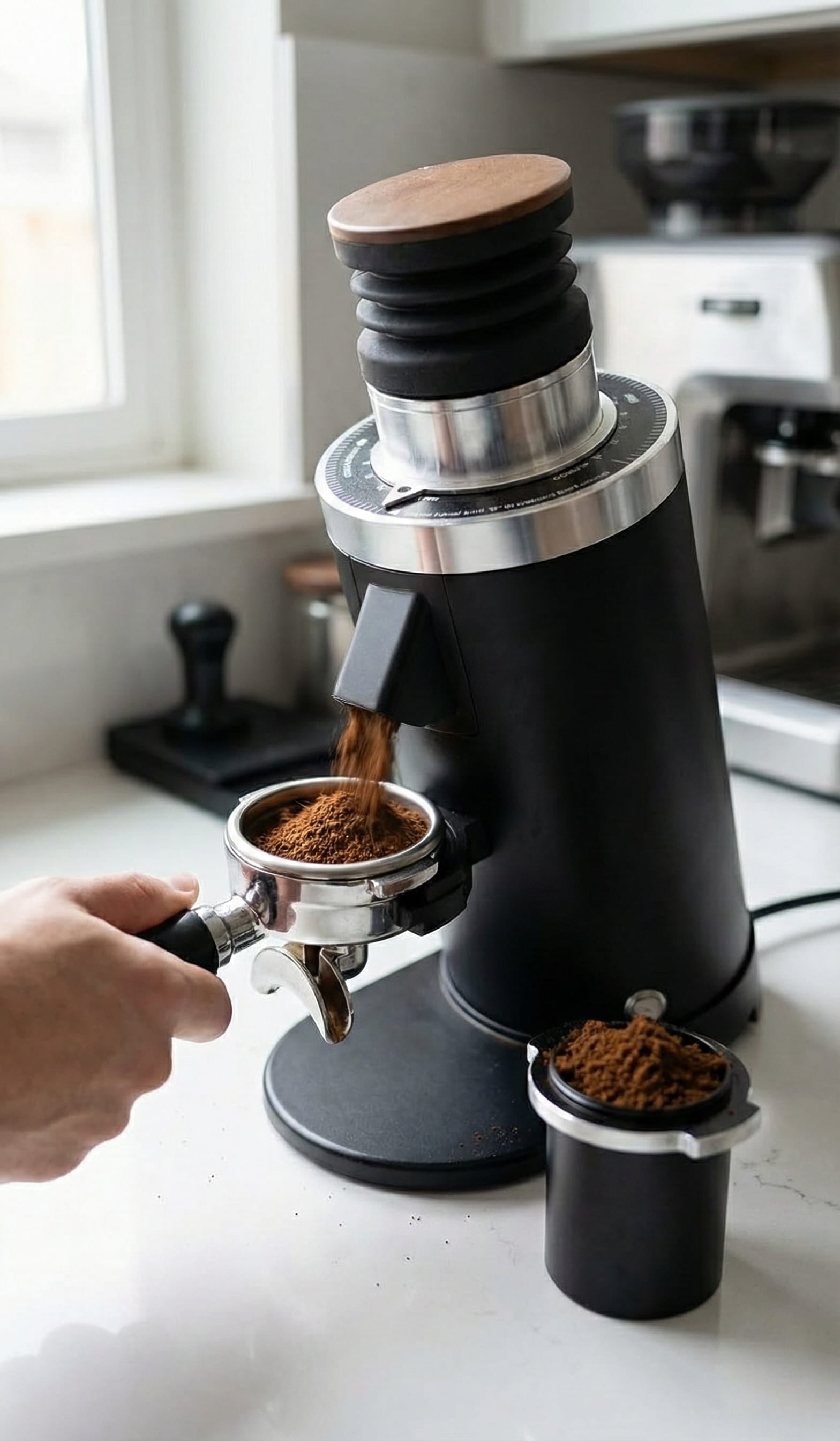 Turin DF64 V5 anti-static ionizer technology and silicone bellows demonstrating minimal retention and declumping for single-dose grinding