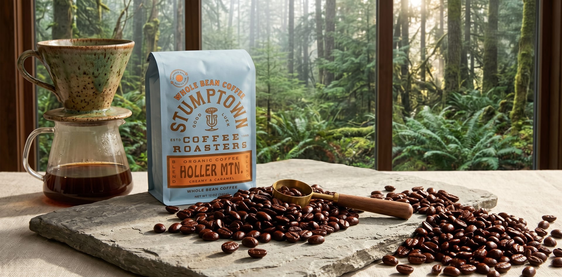 Stumptown Holler Mountain dark roast beans showing oily surface and deep mahogany color on light grey slate