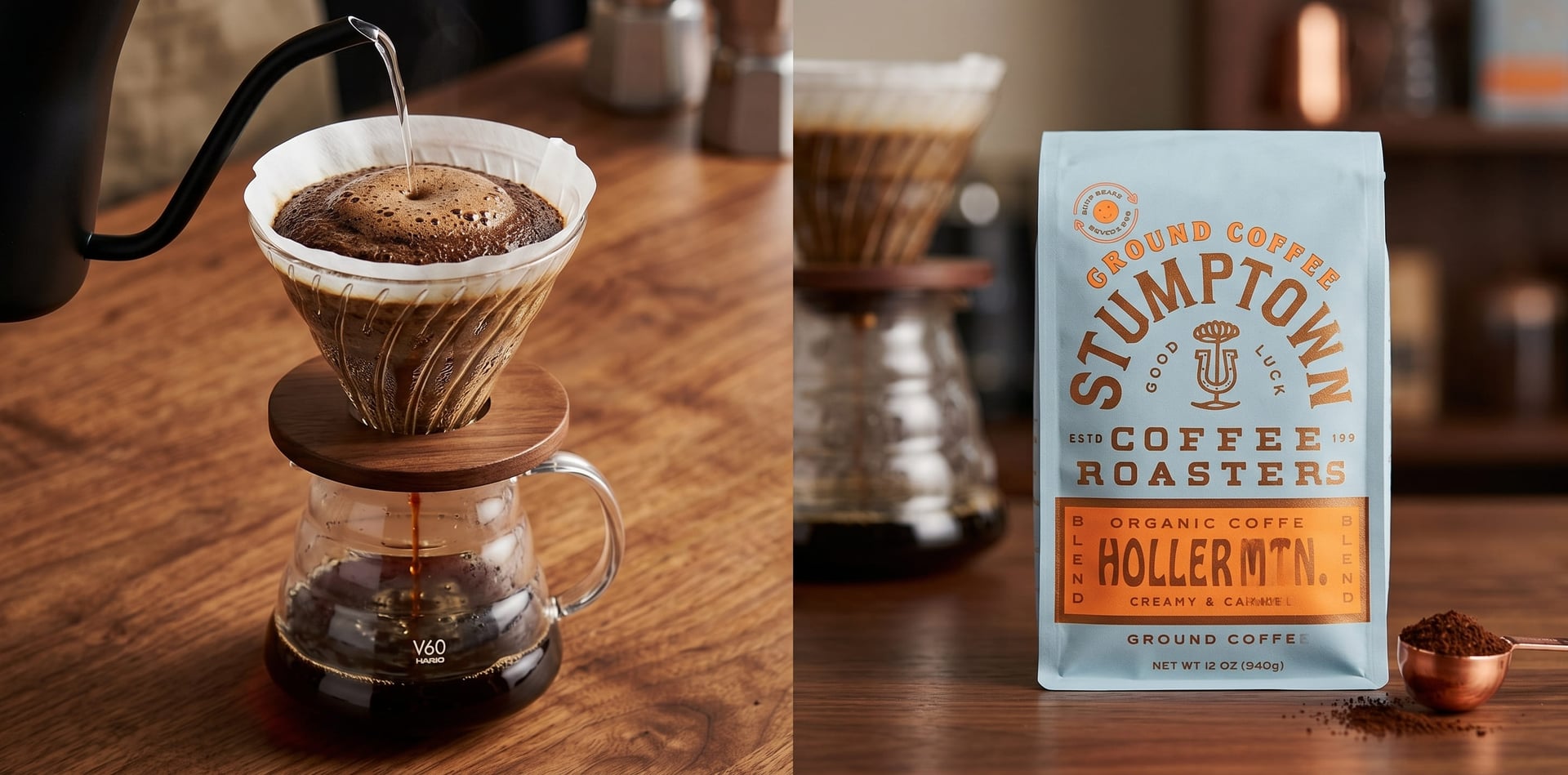 Stumptown Holler Mountain drip coffee bloom in glass pour over dripper showing dark mahogany brew on wooden surface