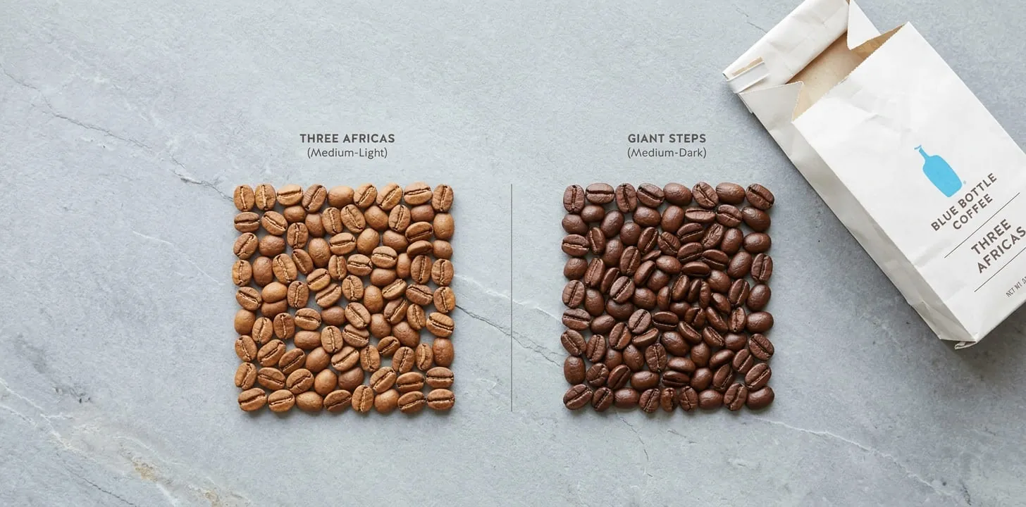 Blue Bottle Three Africas whole beans in a close-up showing a light-medium roast on light grey slate