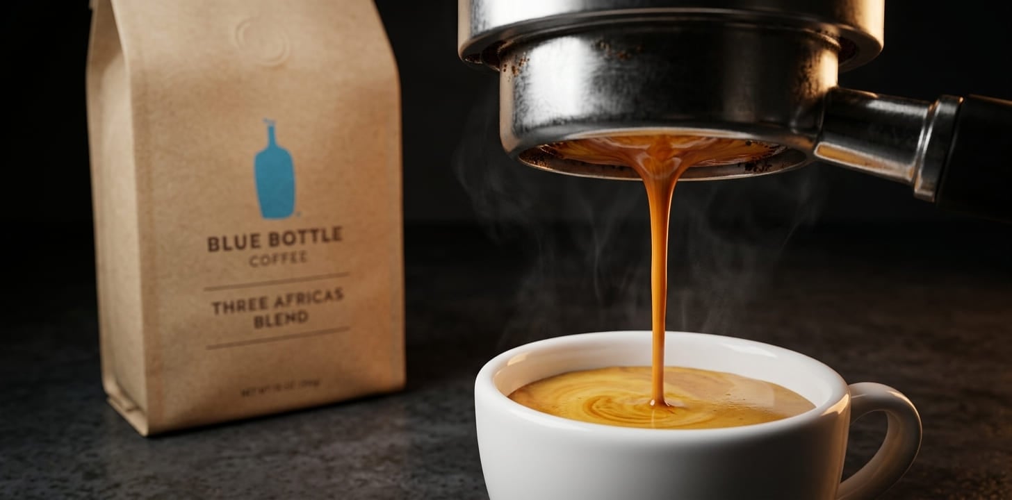 Blue Bottle Three Africas espresso extraction from bottomless portafilter showing bright amber shot in white demitasse