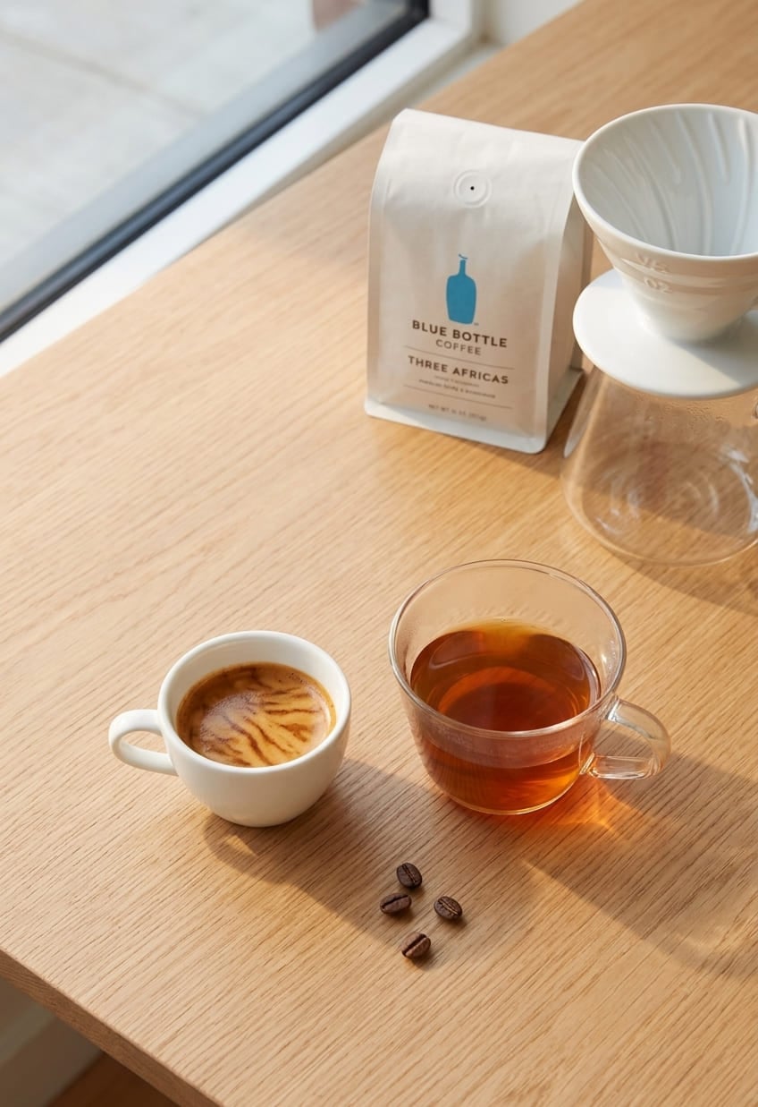 Blue Bottle Three Africas pour over in glass V60 cup and espresso side by side on light oak surface