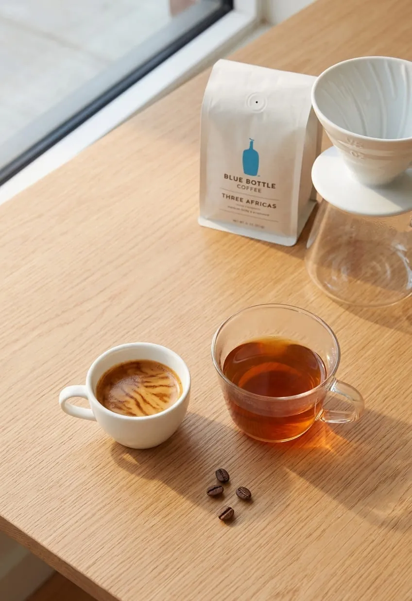Blue Bottle Three Africas pour over in a glass V60 cup next to an espresso on light oak