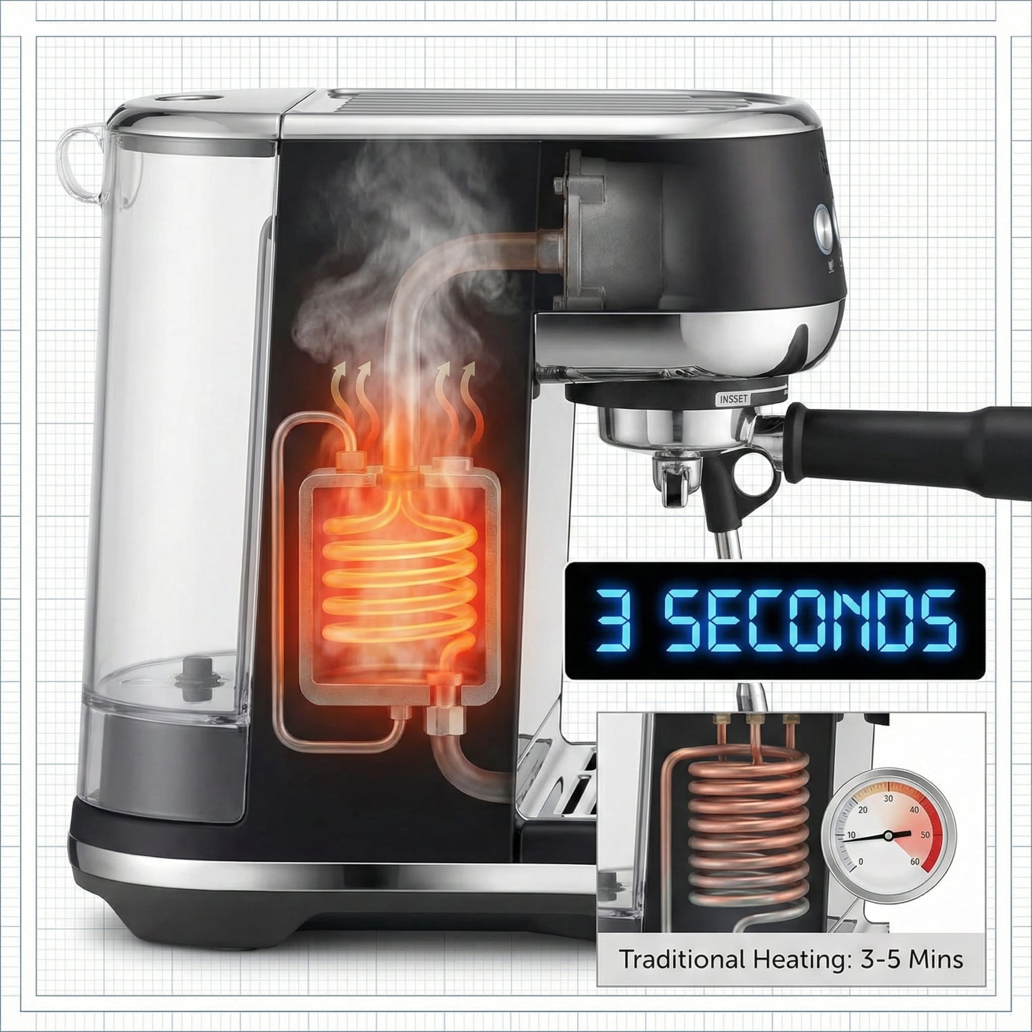 Breville Bambino Plus ThermoJet heating technology achieving instant 3-second heat-up compared to traditional 5-minute espresso machine warm-up