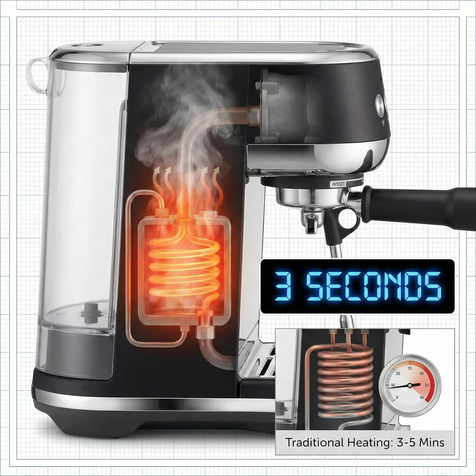 Breville Bambino Plus ThermoJet heating system shown as the machine reaches brewing temperature