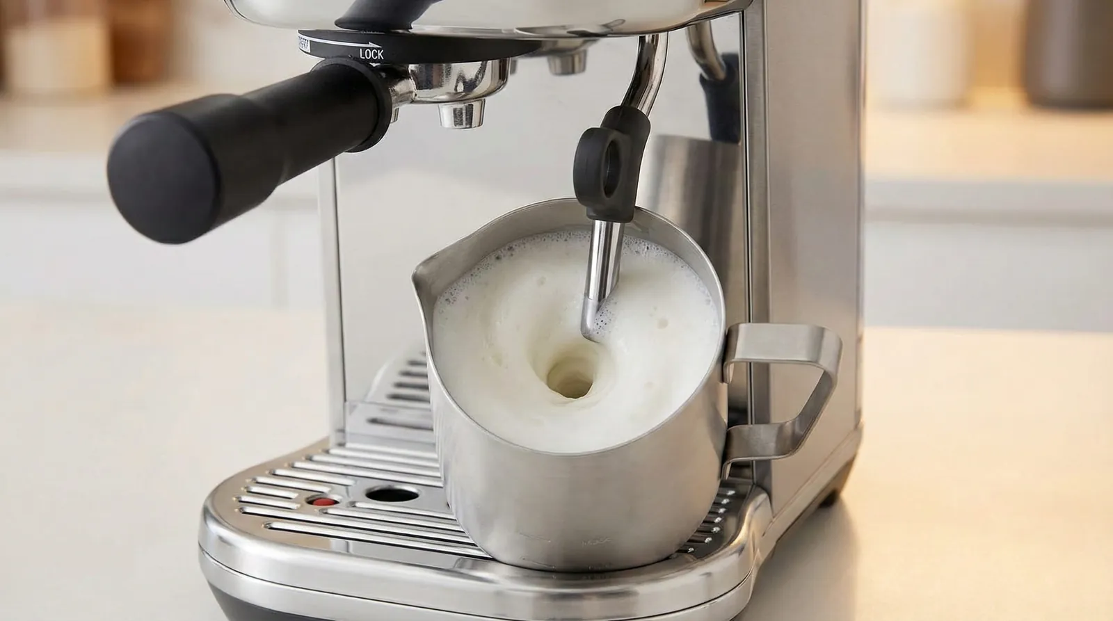 Breville Bambino Plus automatic steam wand texturing milk in a jug with its temperature sensor