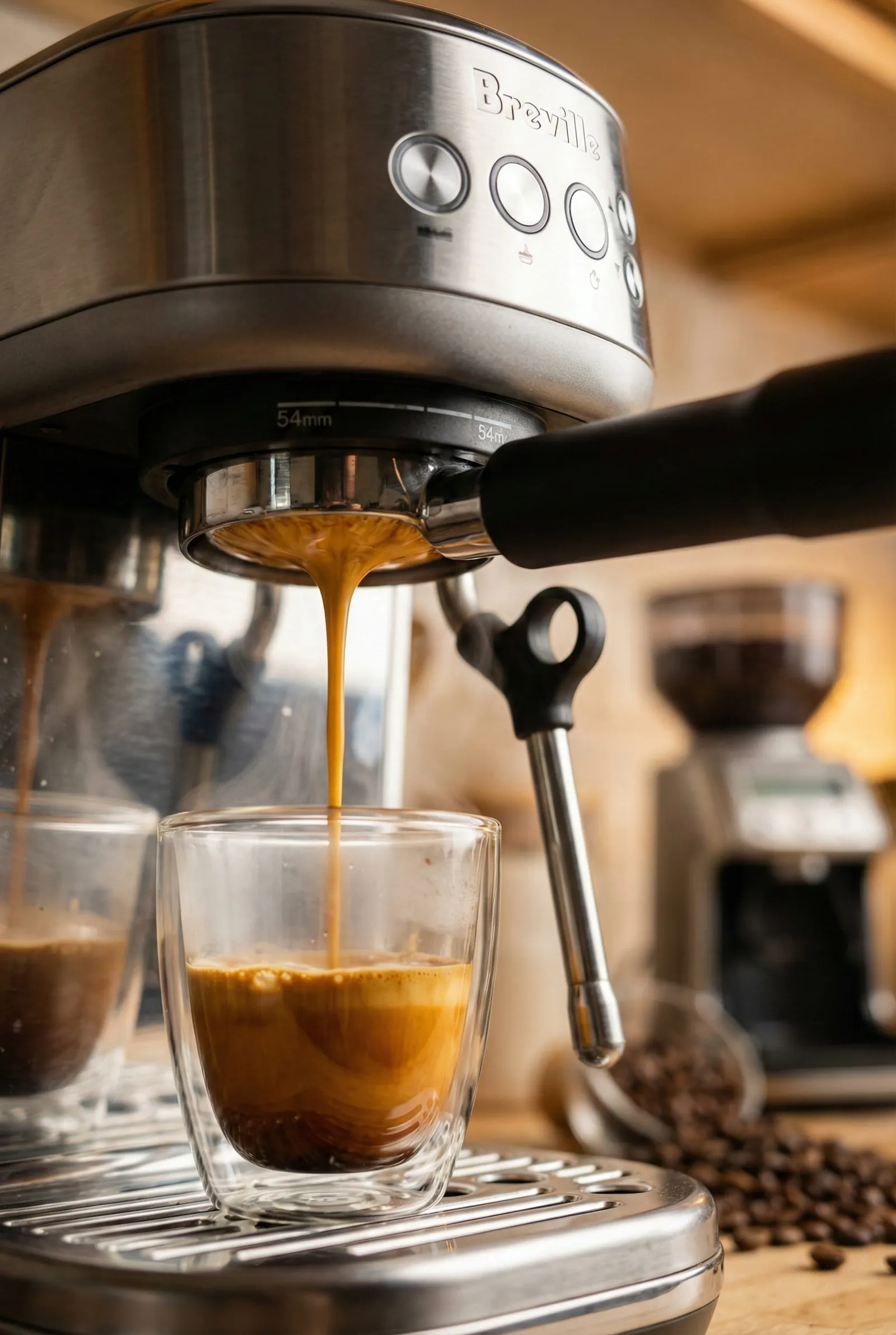 Breville Bambino Plus pulling an espresso shot with golden crema into a cup