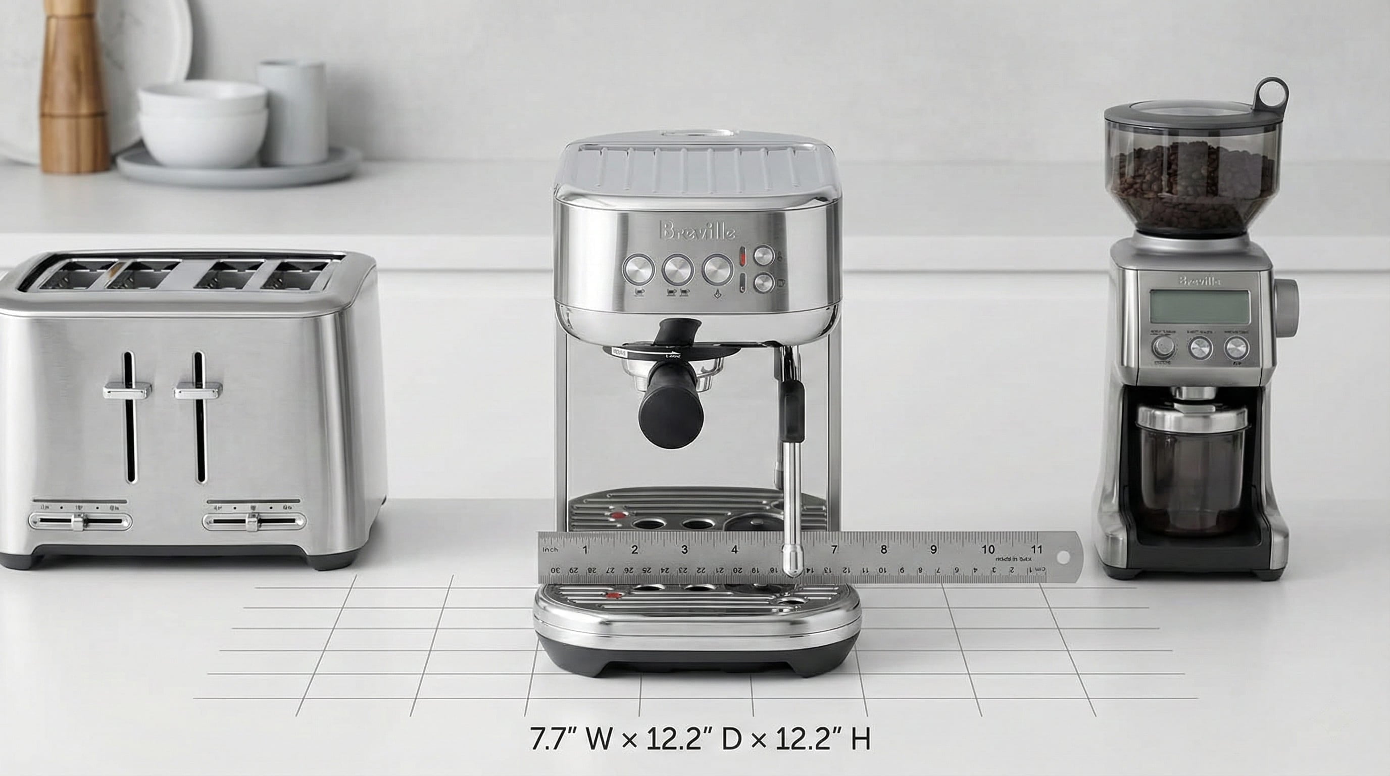 Breville Bambino Plus ultra-compact 7.7-inch width fitting small apartment kitchen counters and tight spaces