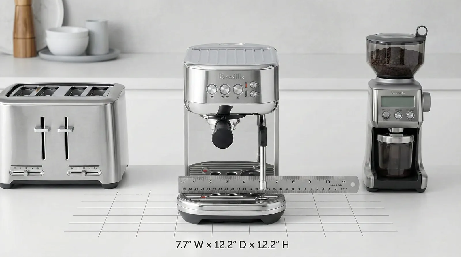 Breville Bambino Plus sitting on a small kitchen counter to show its narrow footprint