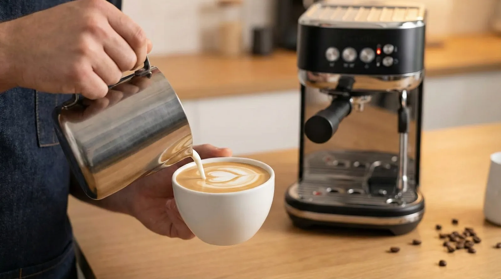 Breville Bambino Plus steam wand frothing milk into glossy microfoam for latte art