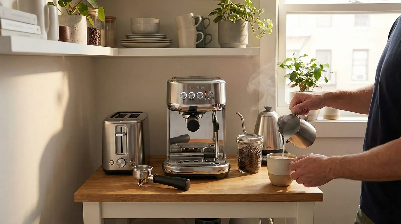 Breville Bambino Plus placed in a small apartment kitchen beside everyday counter items