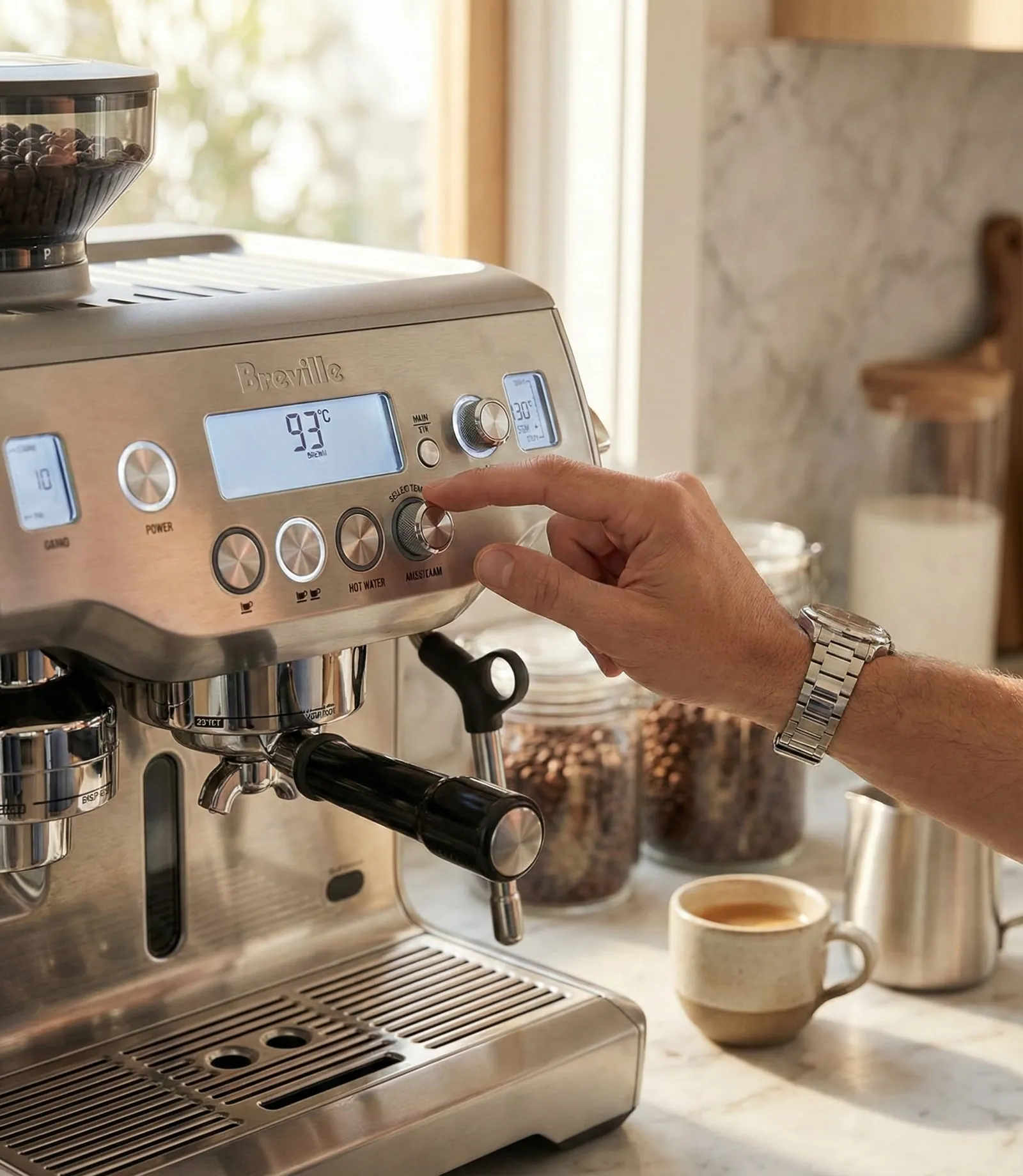 Breville Oracle twin digital temperature displays for the brew and steam boilers, close-up