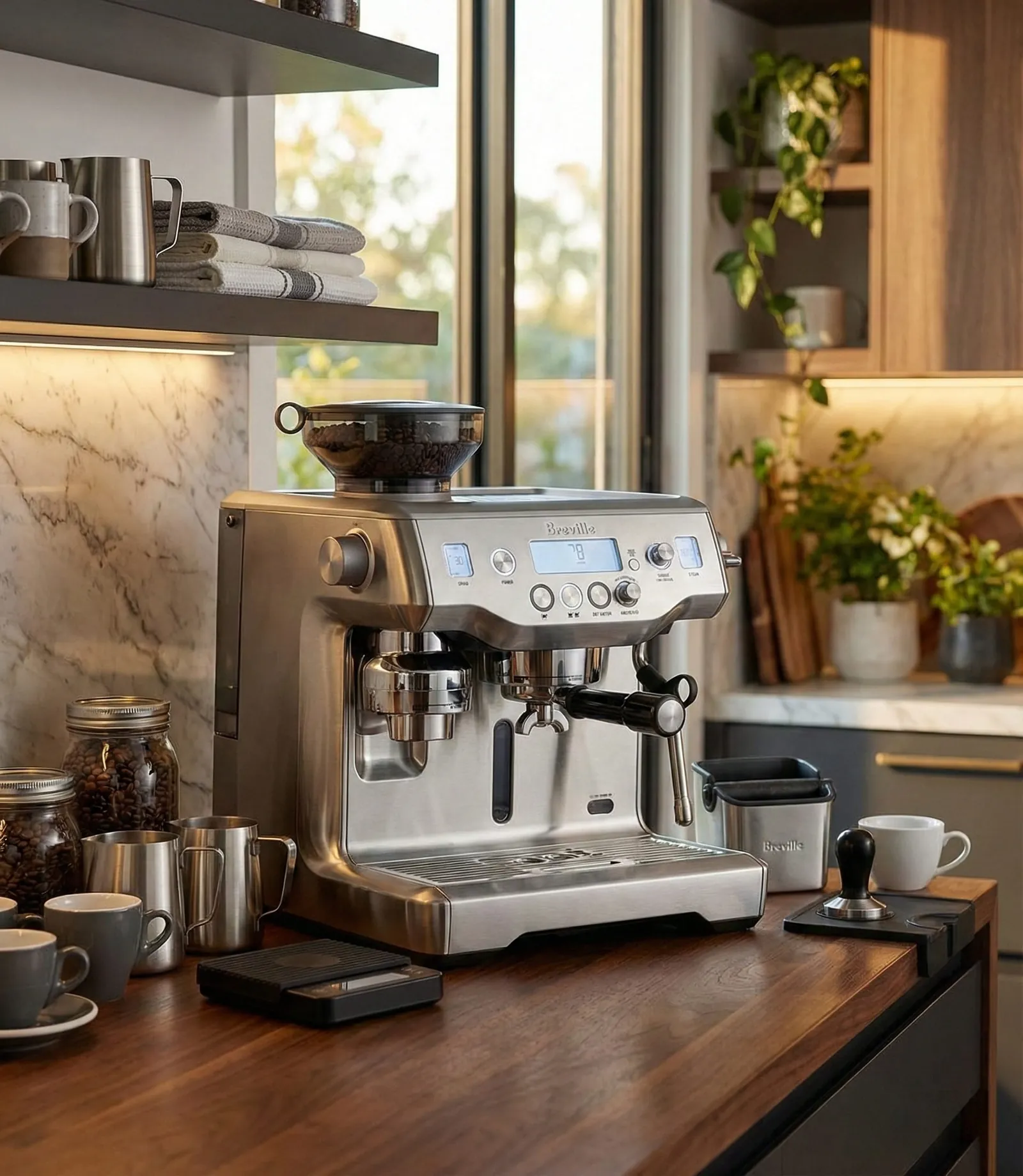 Breville Oracle stainless steel housing and solid metal components shown from a three-quarter angle