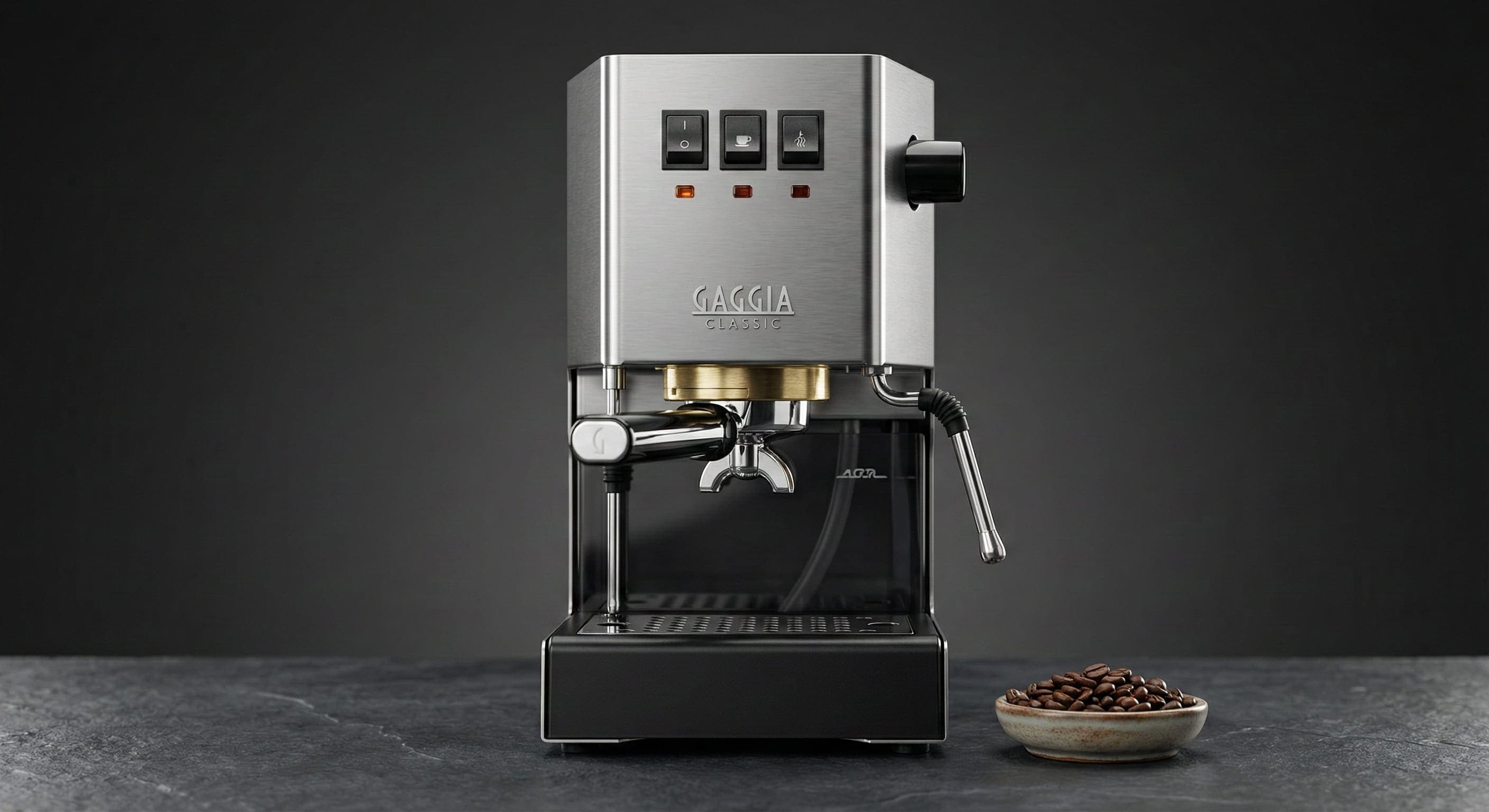 Gaggia Classic Pro semi-automatic espresso machine with commercial-style 58mm chrome-plated brass portafilter, professional three-way solenoid valve, and heavy-duty stainless steel boiler