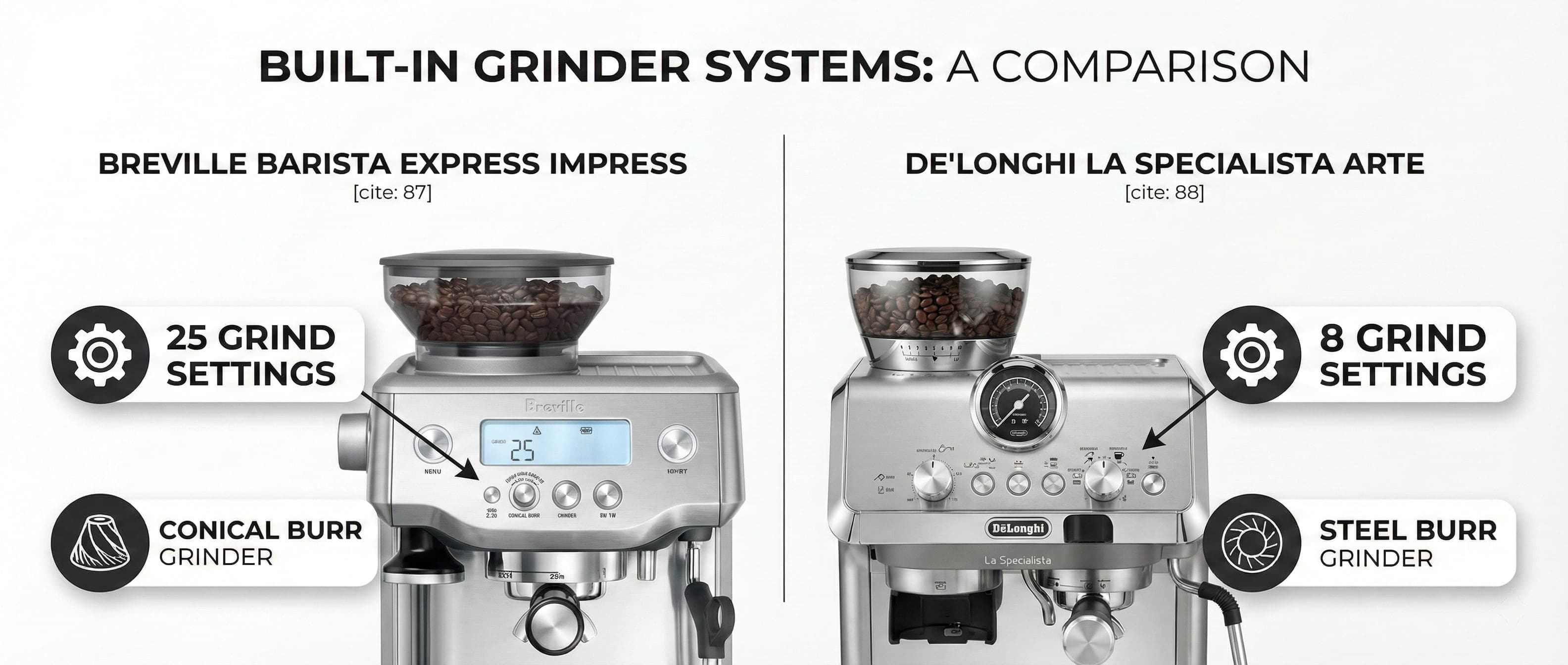 Side-by-side comparison of built-in grinder systems in espresso machines