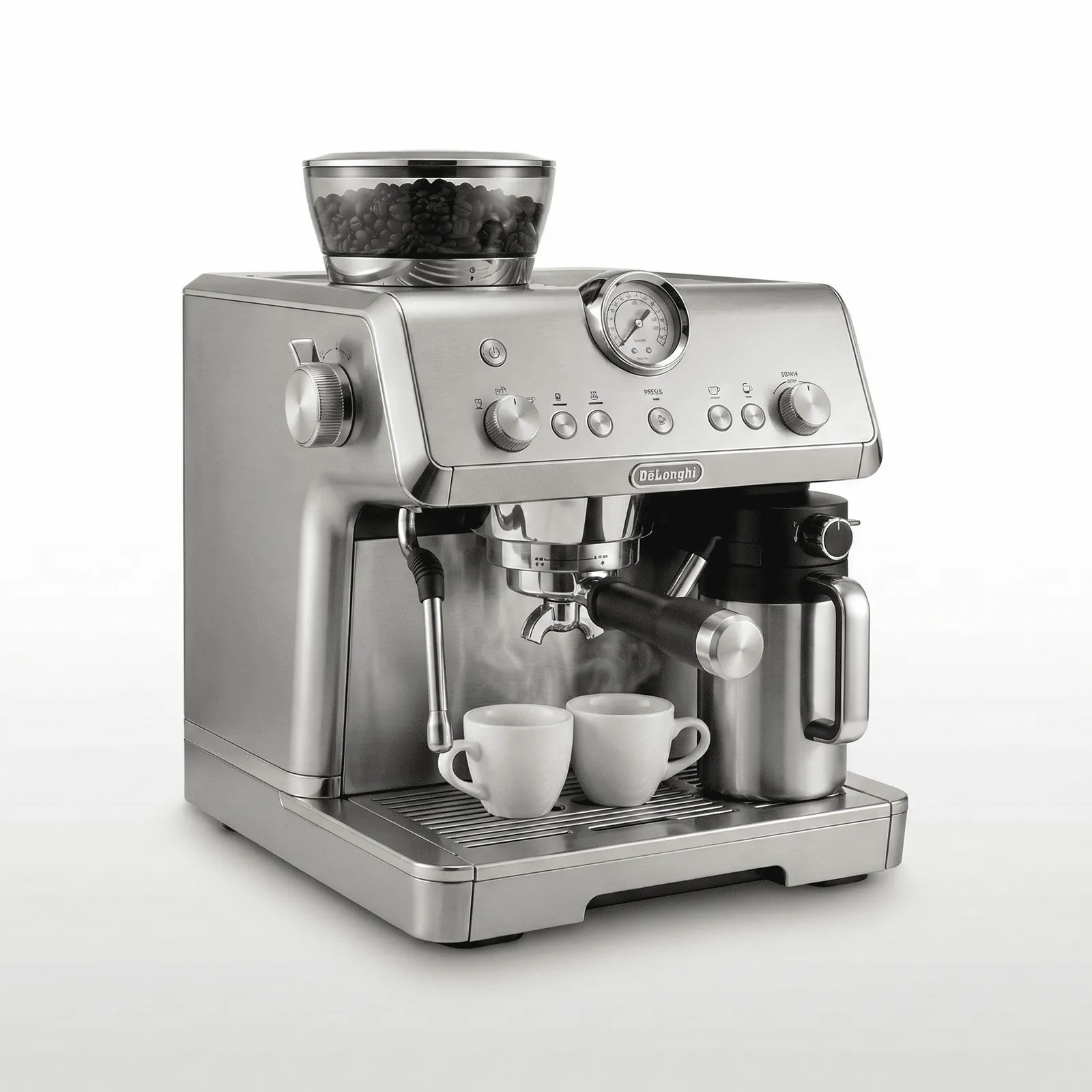 DeLonghi La Specialista Opera front view with its 58mm portafilter and metal body on a kitchen counter