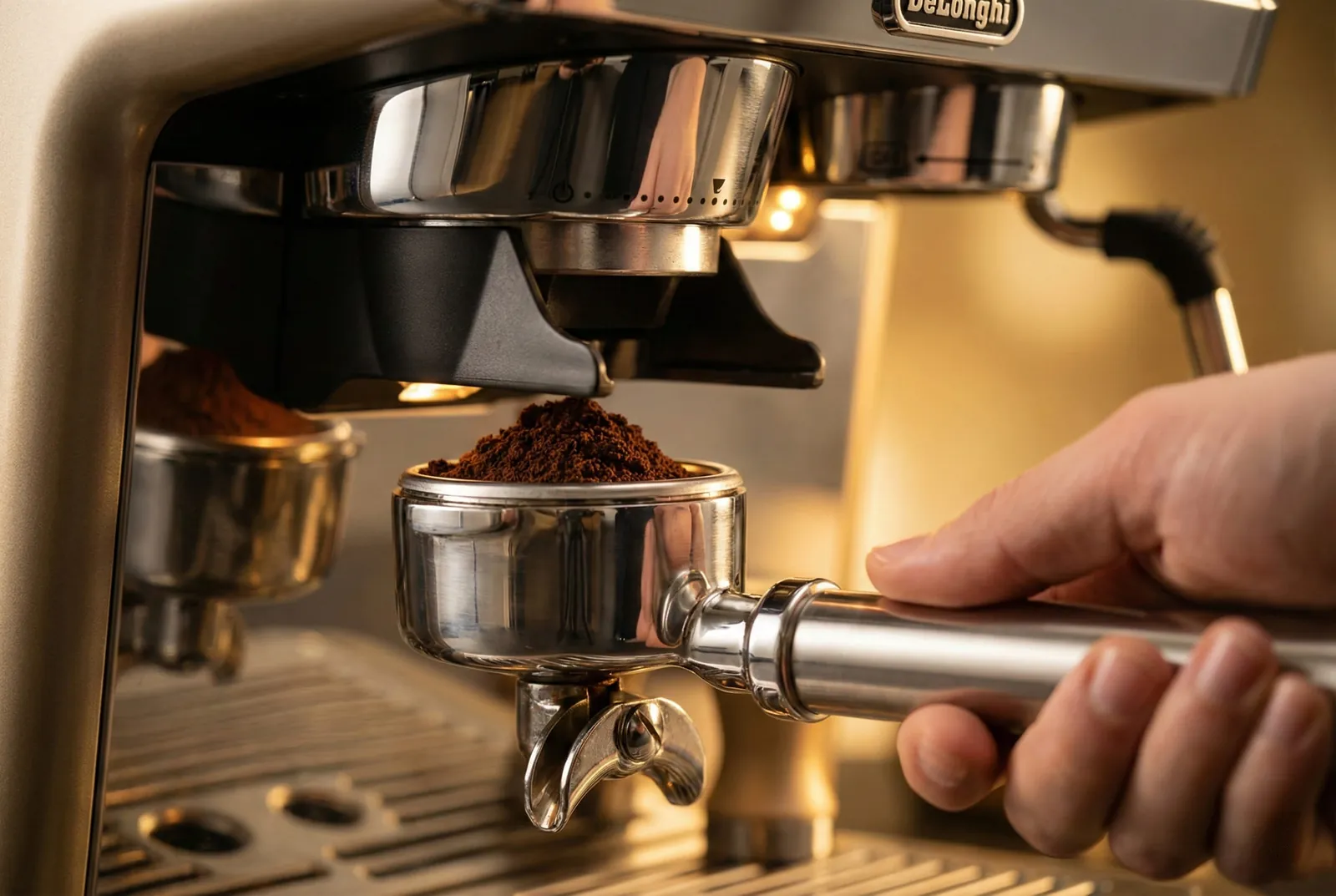 DeLonghi La Specialista Opera smart tamping station leveling freshly ground coffee in the portafilter