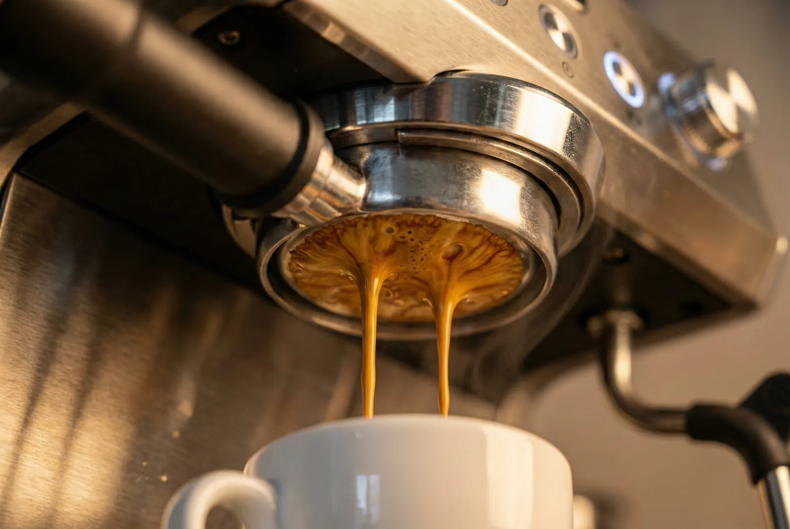 DeLonghi La Specialista Opera bottomless portafilter pulling an espresso shot with even crema