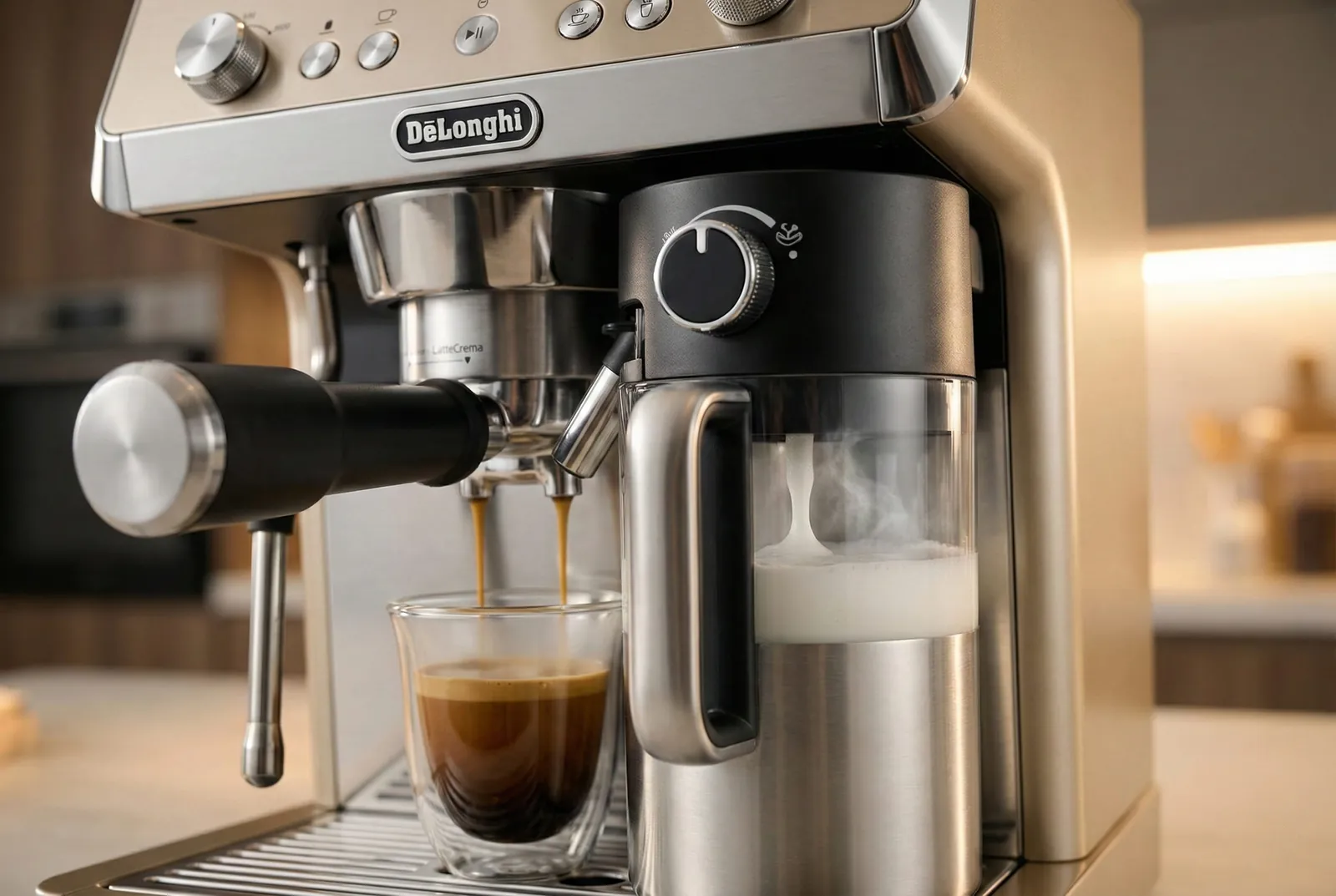 DeLonghi La Specialista Opera LatteCrema carafe producing automatic microfoam for a latte
