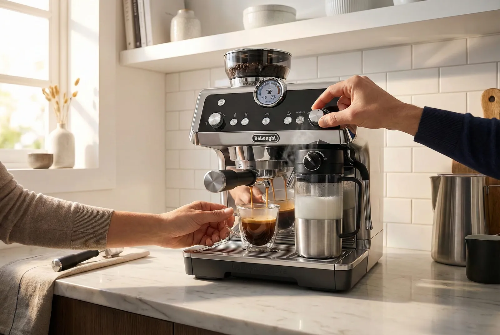 DeLonghi La Specialista Opera brewing espresso while steaming milk at the same time
