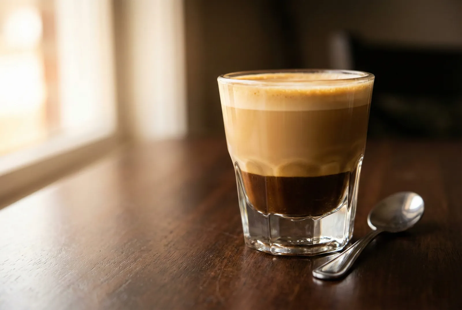 Spanish cortado in a Gibraltar glass showing a 1:1 espresso-to-milk ratio