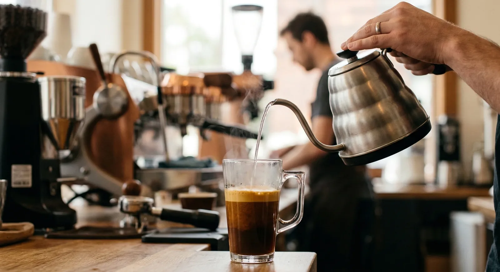 Barista pouring hot water from a kettle into a glass of espresso on a café counter
