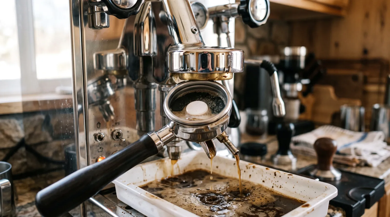 Espresso machine backflushing with a Cafiza tablet in a blind basket