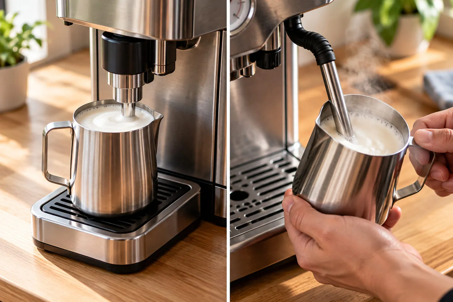 Automatic steam wand texturing milk in a jug on a sensor tray next to a manual steam wand being used by hand