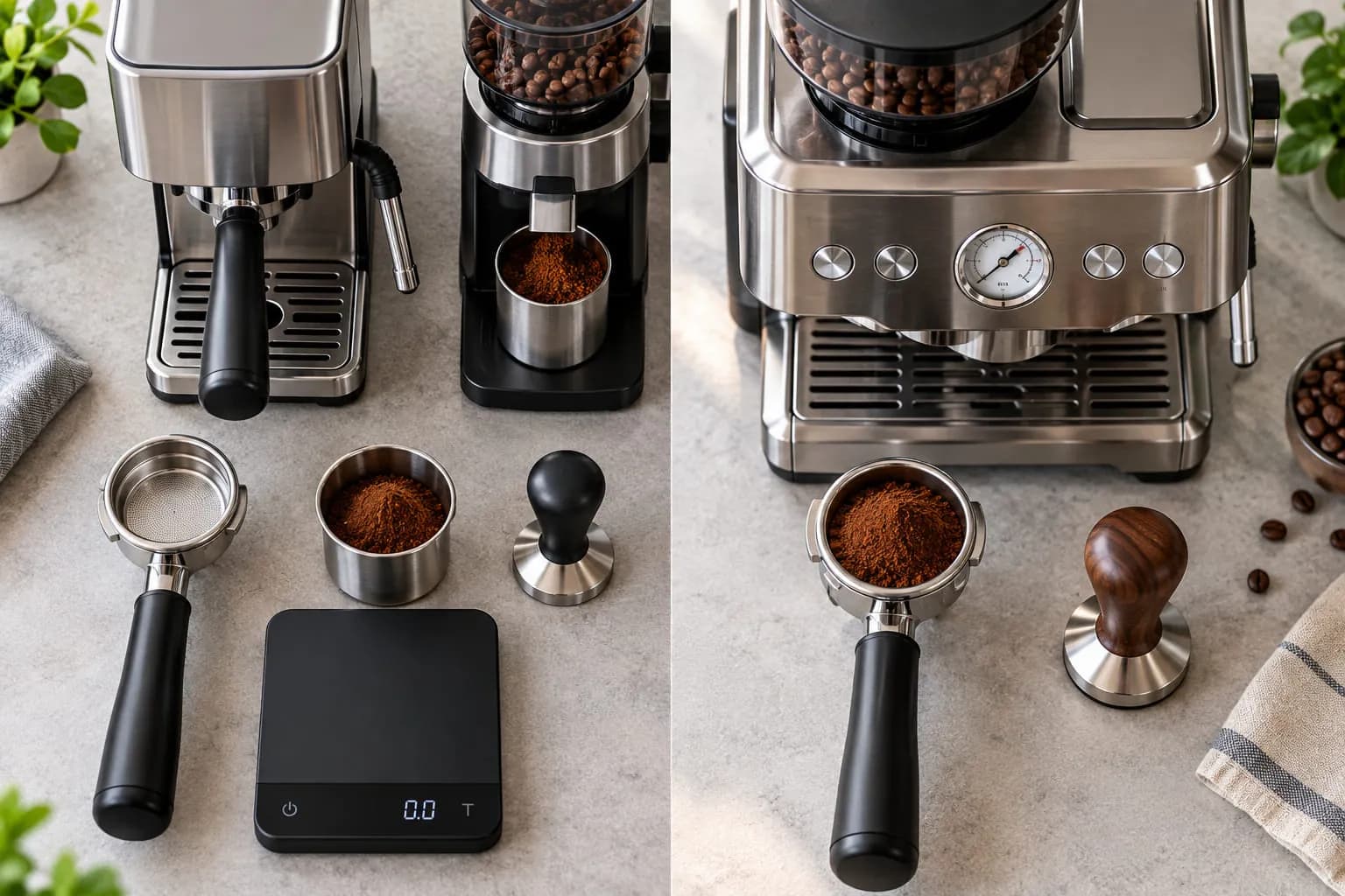 Separate-grinder espresso setup next to an all-in-one setup with tamper, scale and portafilters on a stone counter
